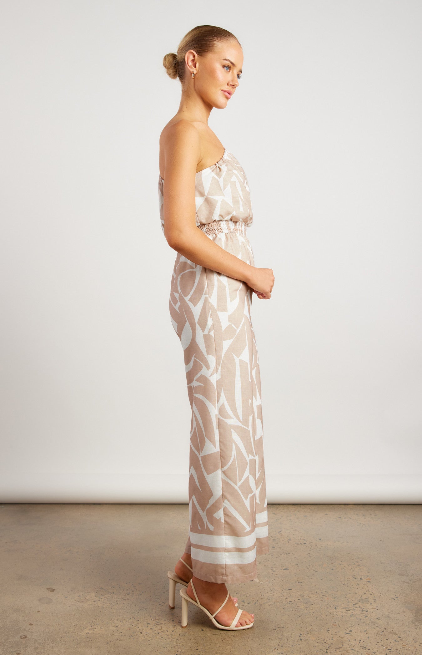 Faux Linen Placement Print Jumpsuit with Shirred Waist