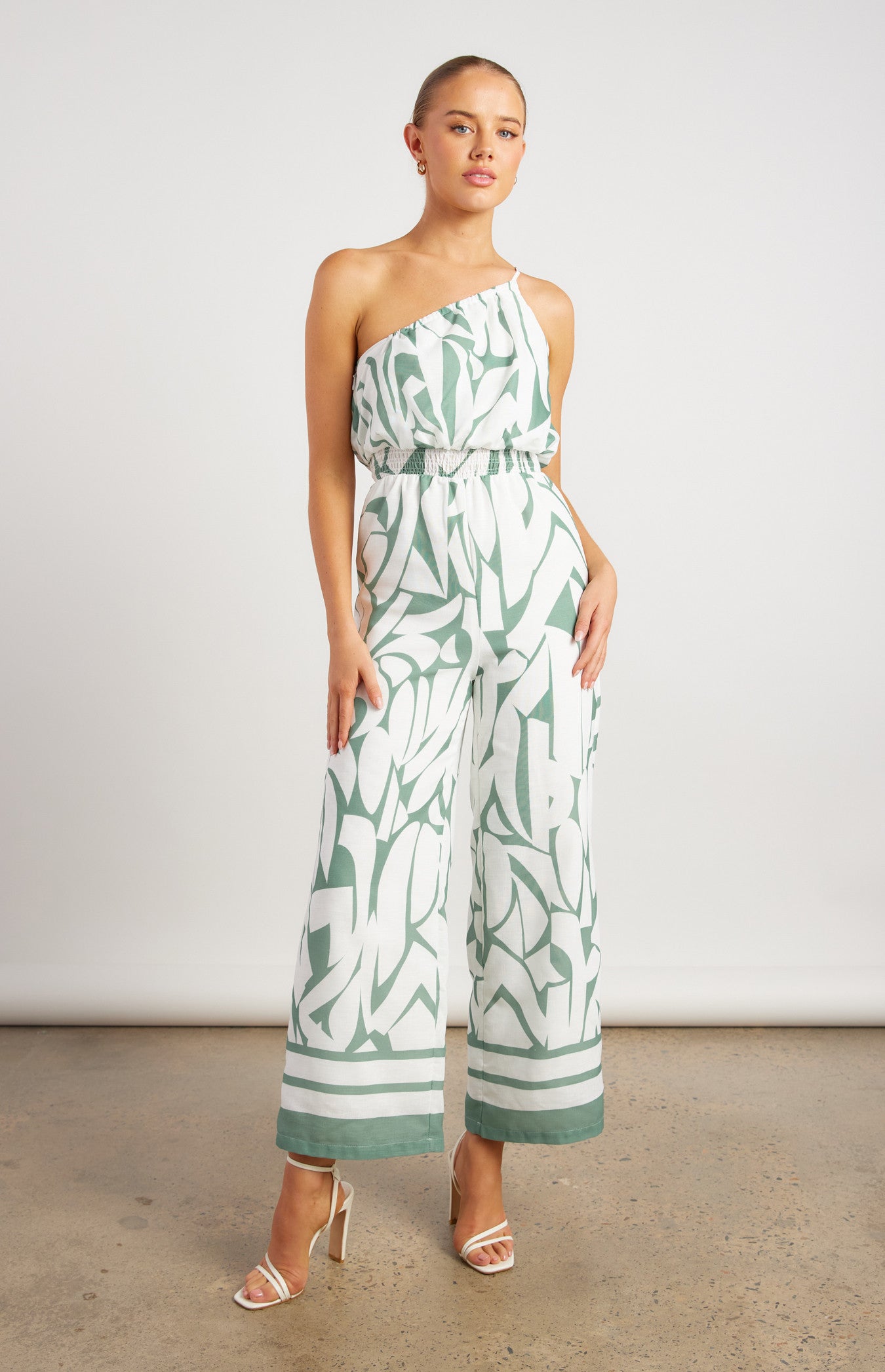 Faux Linen Placement Print Jumpsuit with Shirred Waist