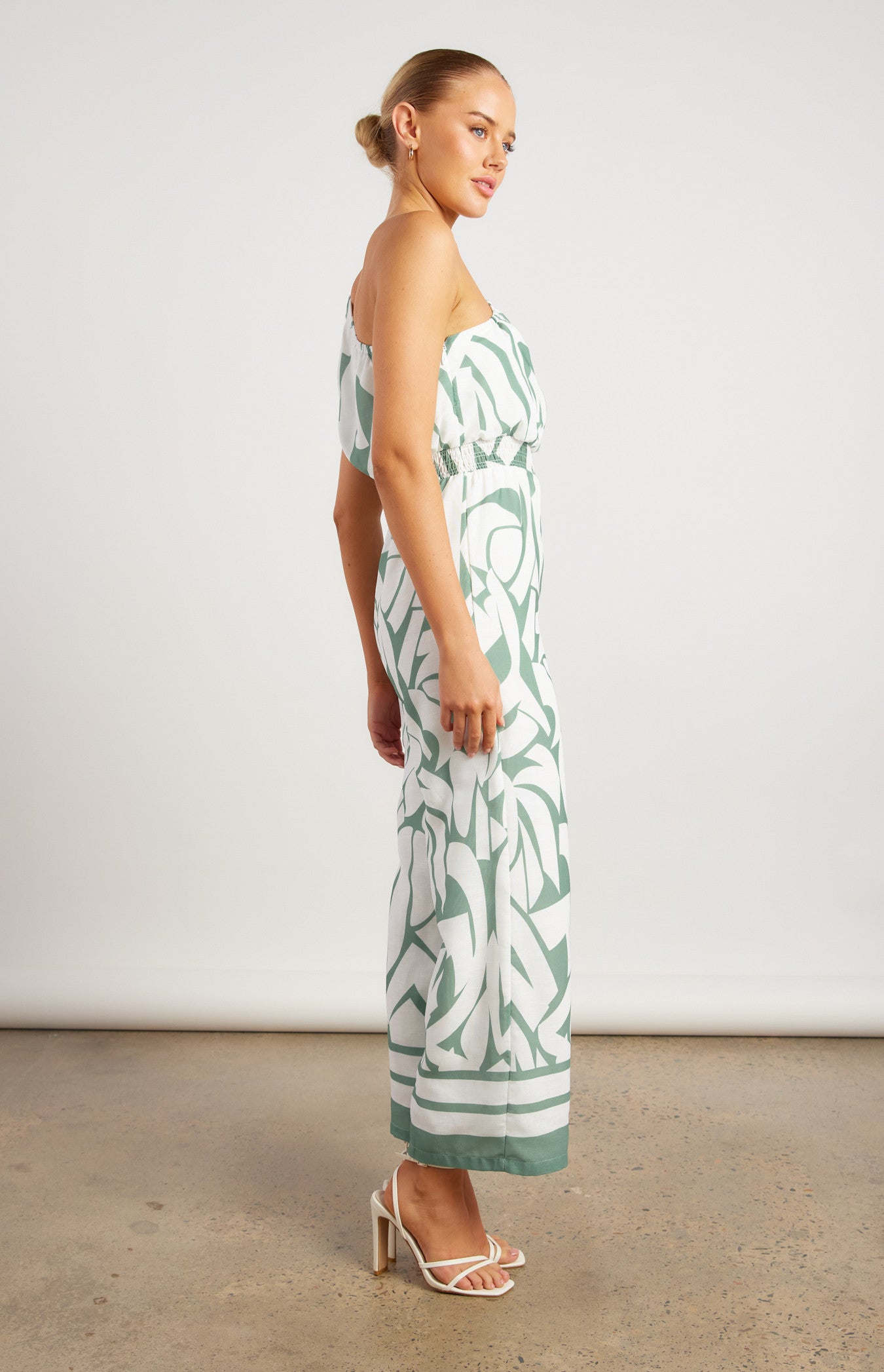 Faux Linen Placement Print Jumpsuit with Shirred Waist