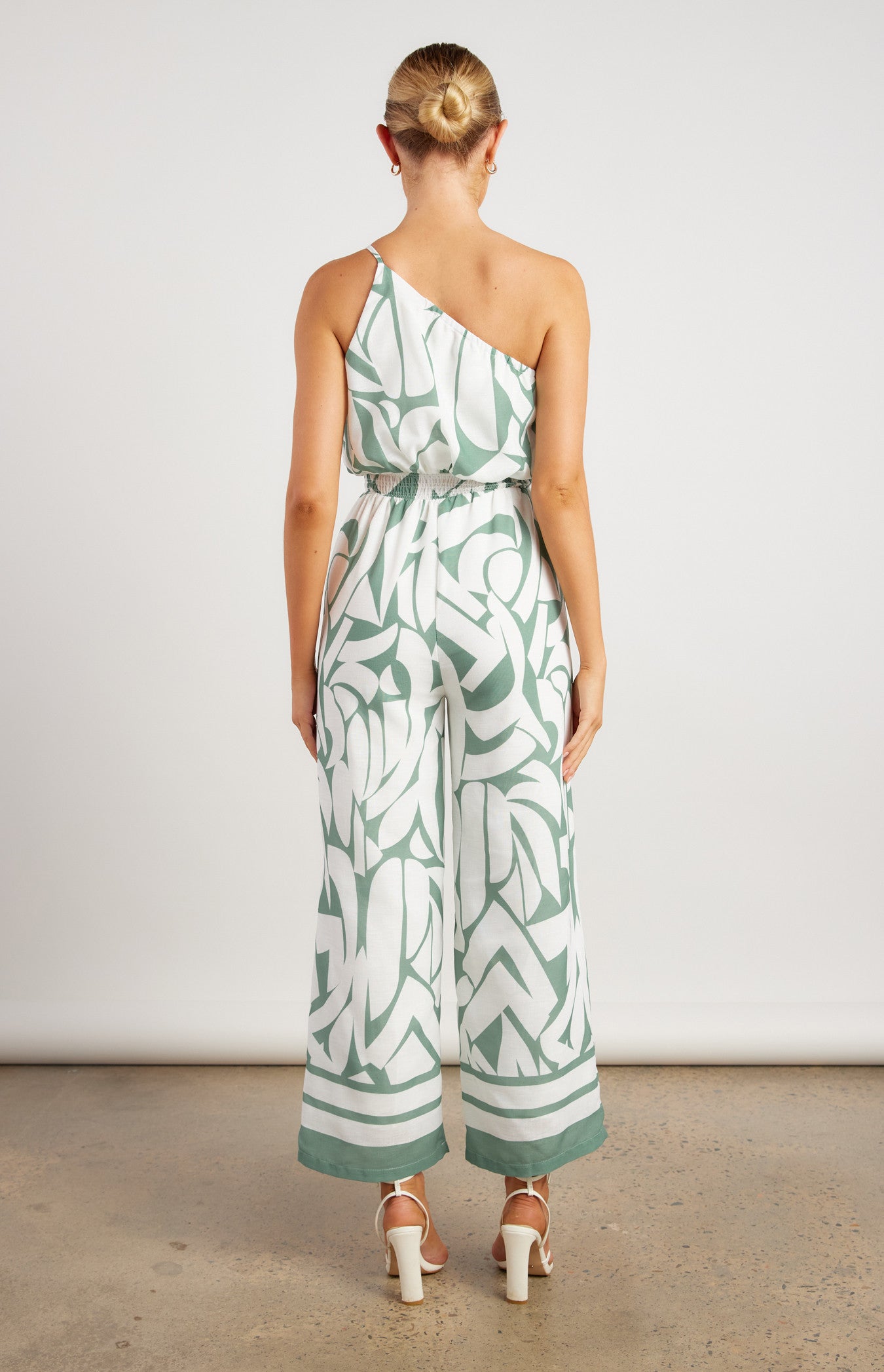 Faux Linen Placement Print Jumpsuit with Shirred Waist
