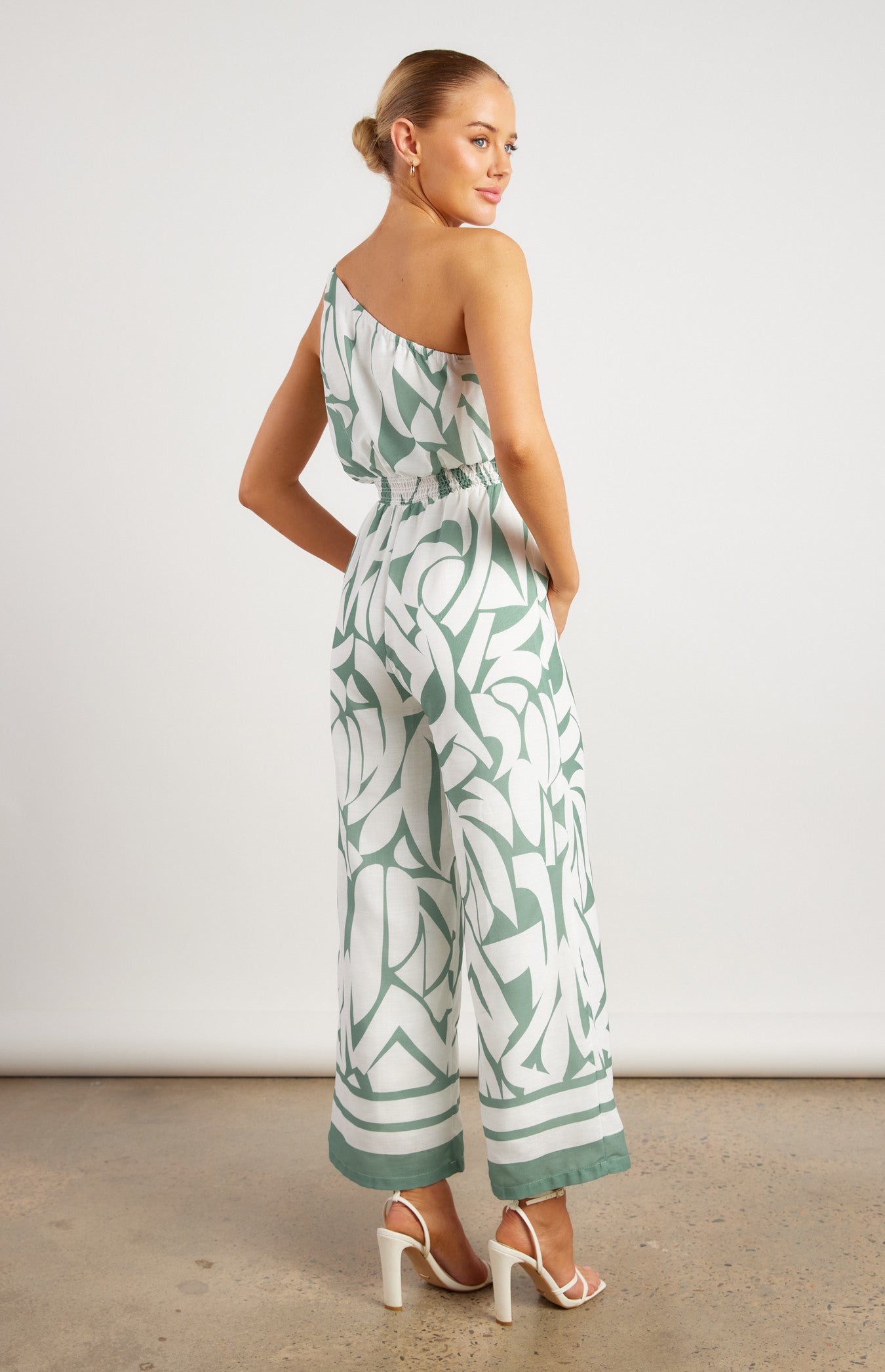 Faux Linen Placement Print Jumpsuit with Shirred Waist