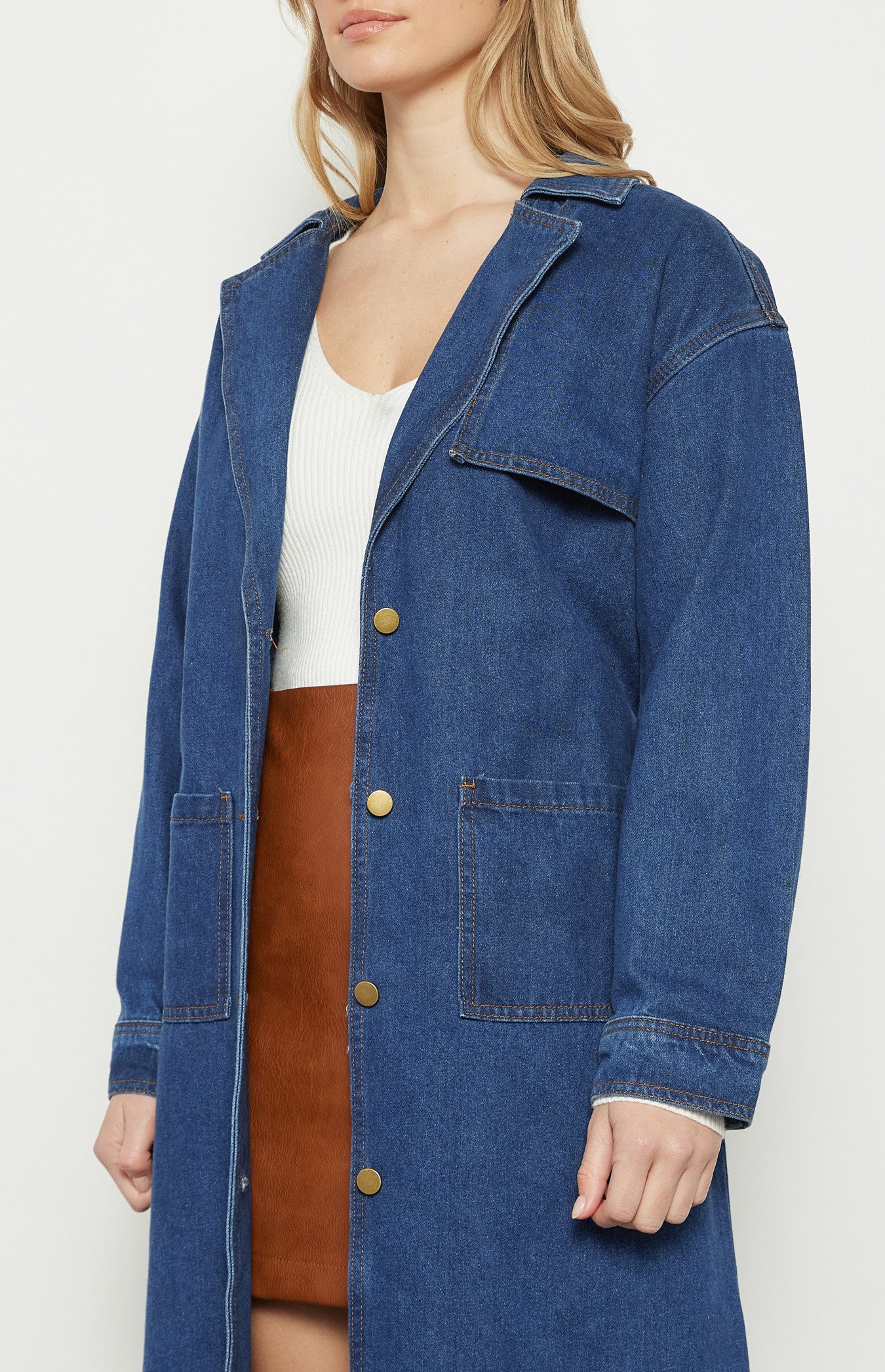 Long Line Denim Coat with Patch Pocket