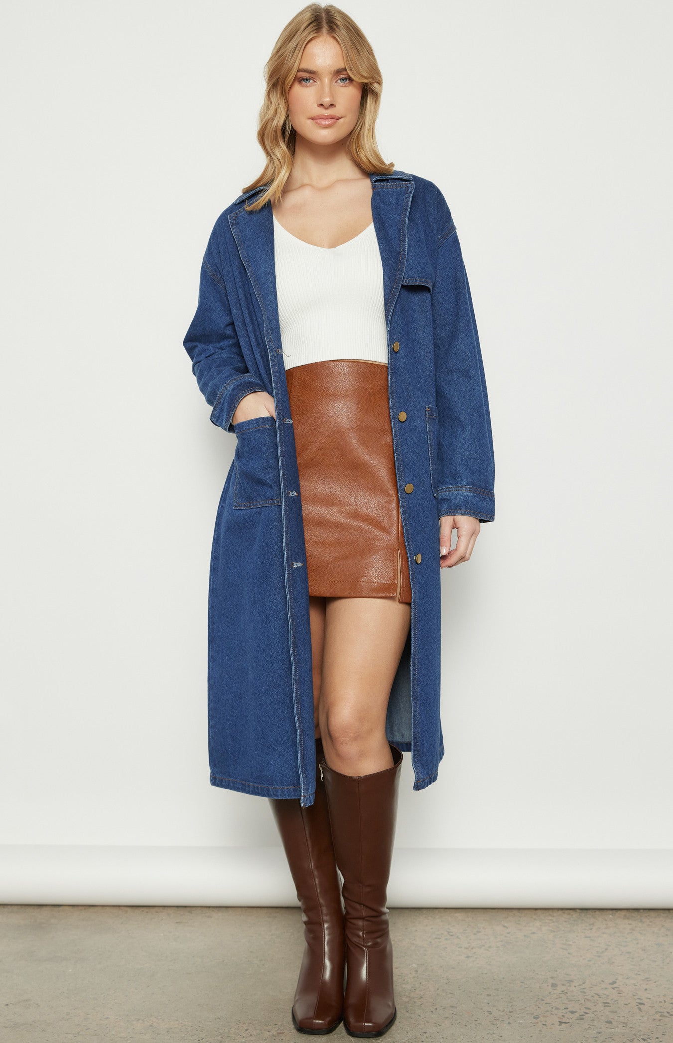 Long Line Denim Coat with Patch Pocket