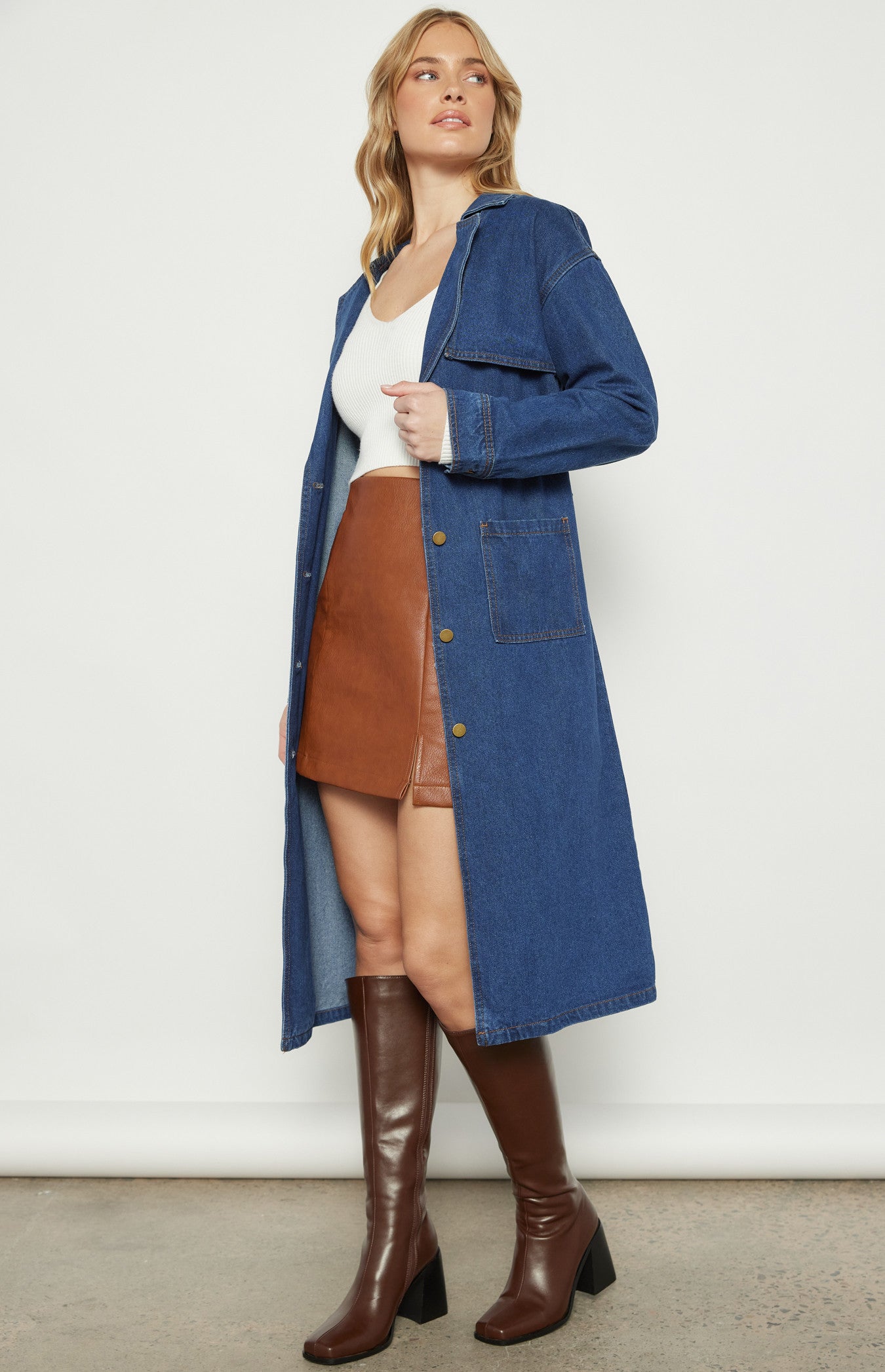 Long Line Denim Coat with Patch Pocket