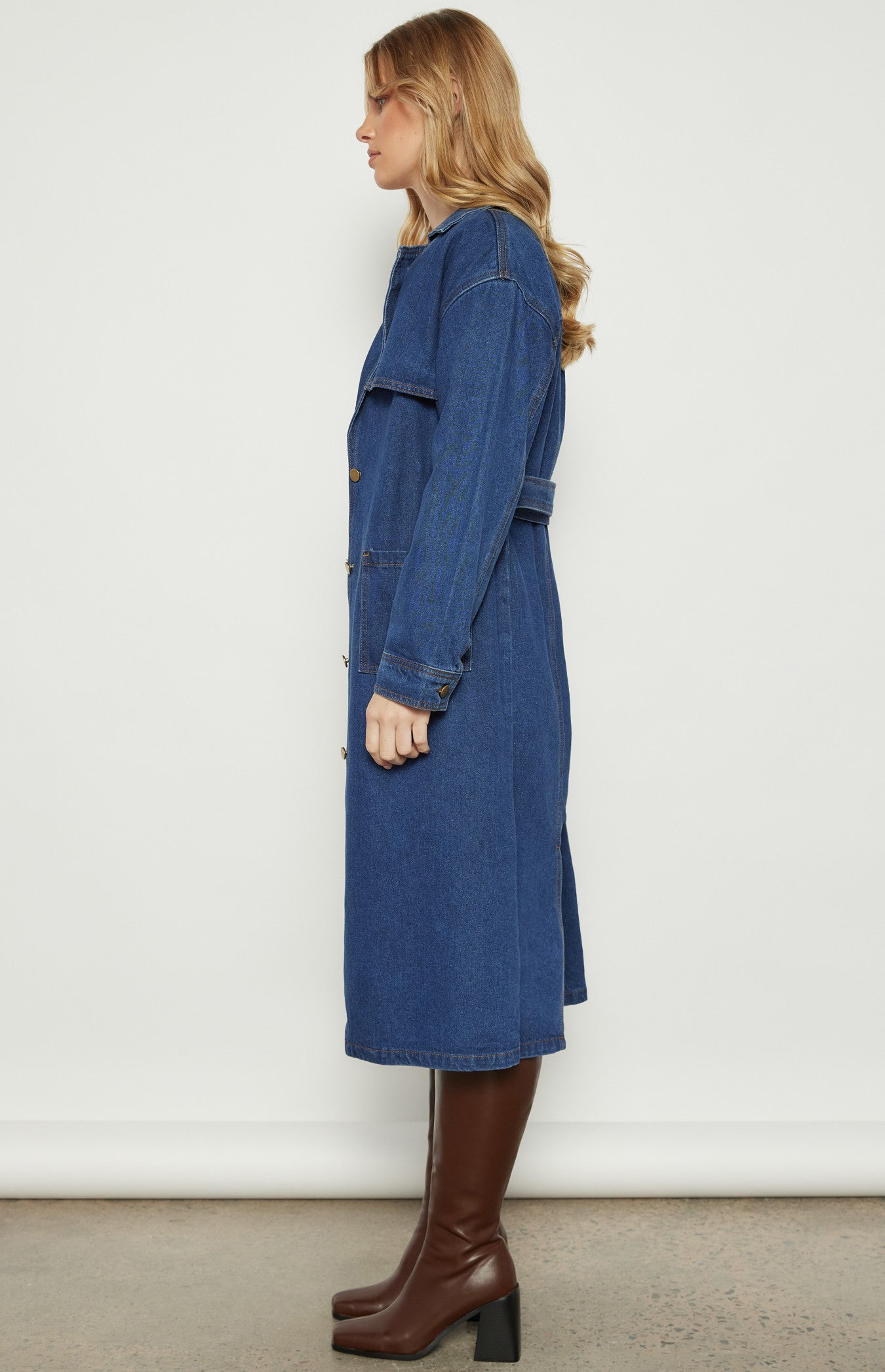 Long Line Denim Coat with Patch Pocket