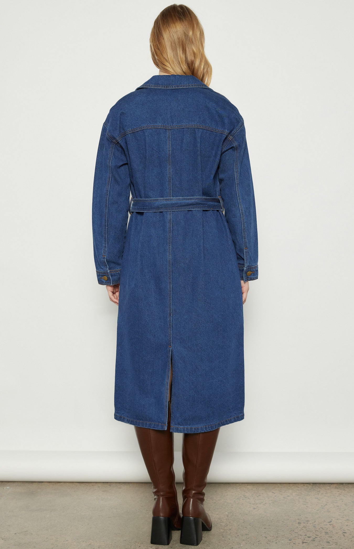 Long Line Denim Coat with Patch Pocket