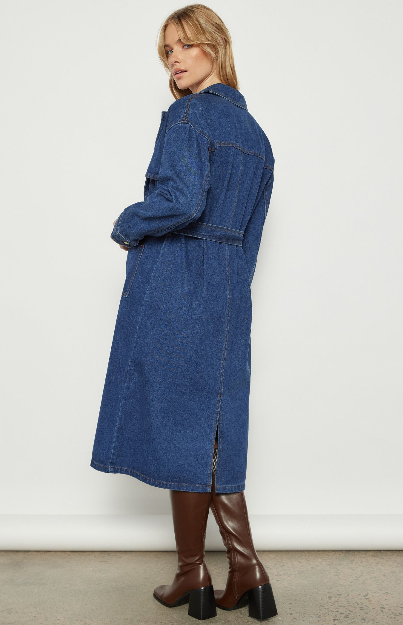 Long Line Denim Coat with Patch Pocket