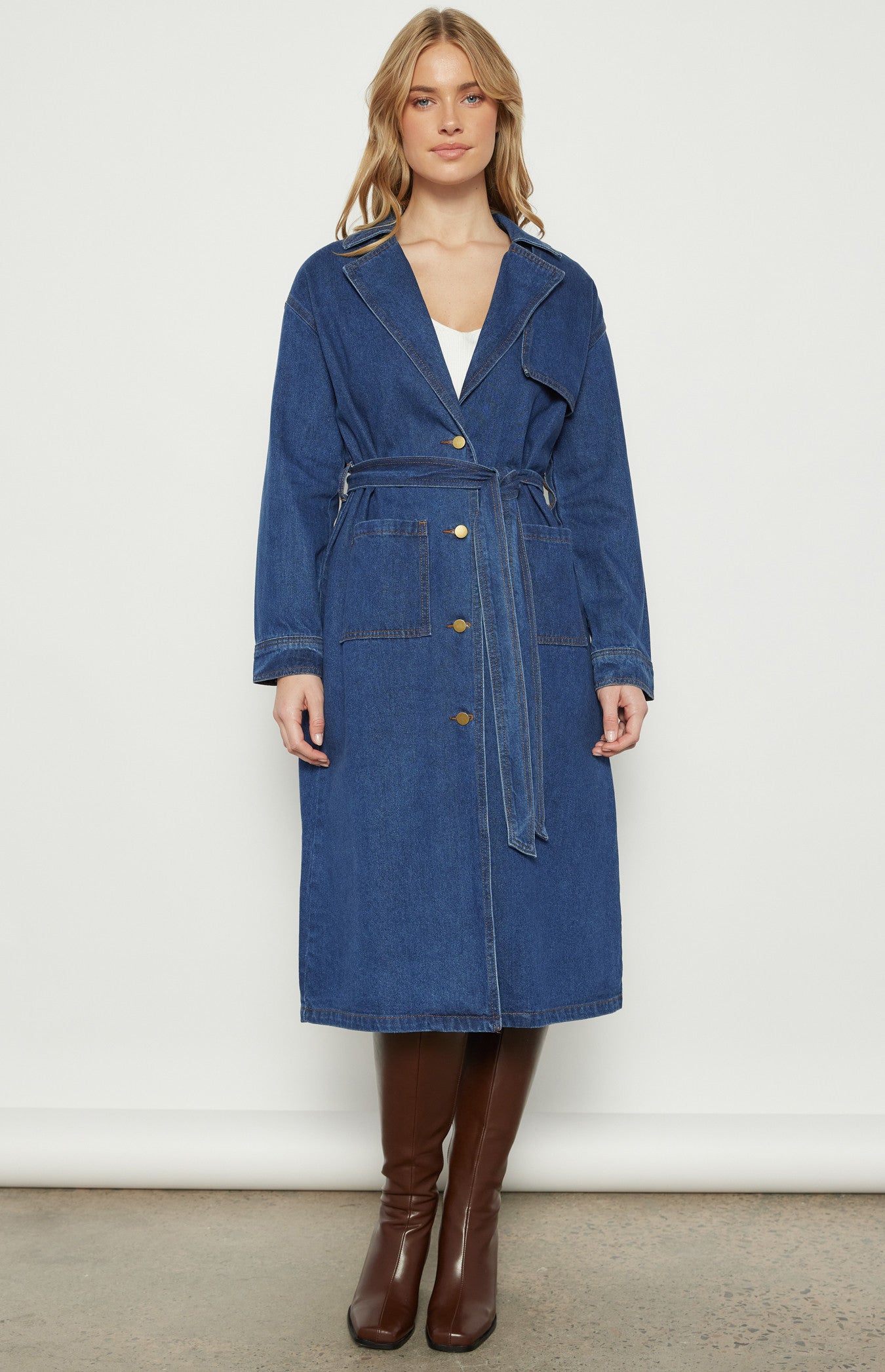Long Line Denim Coat with Patch Pocket