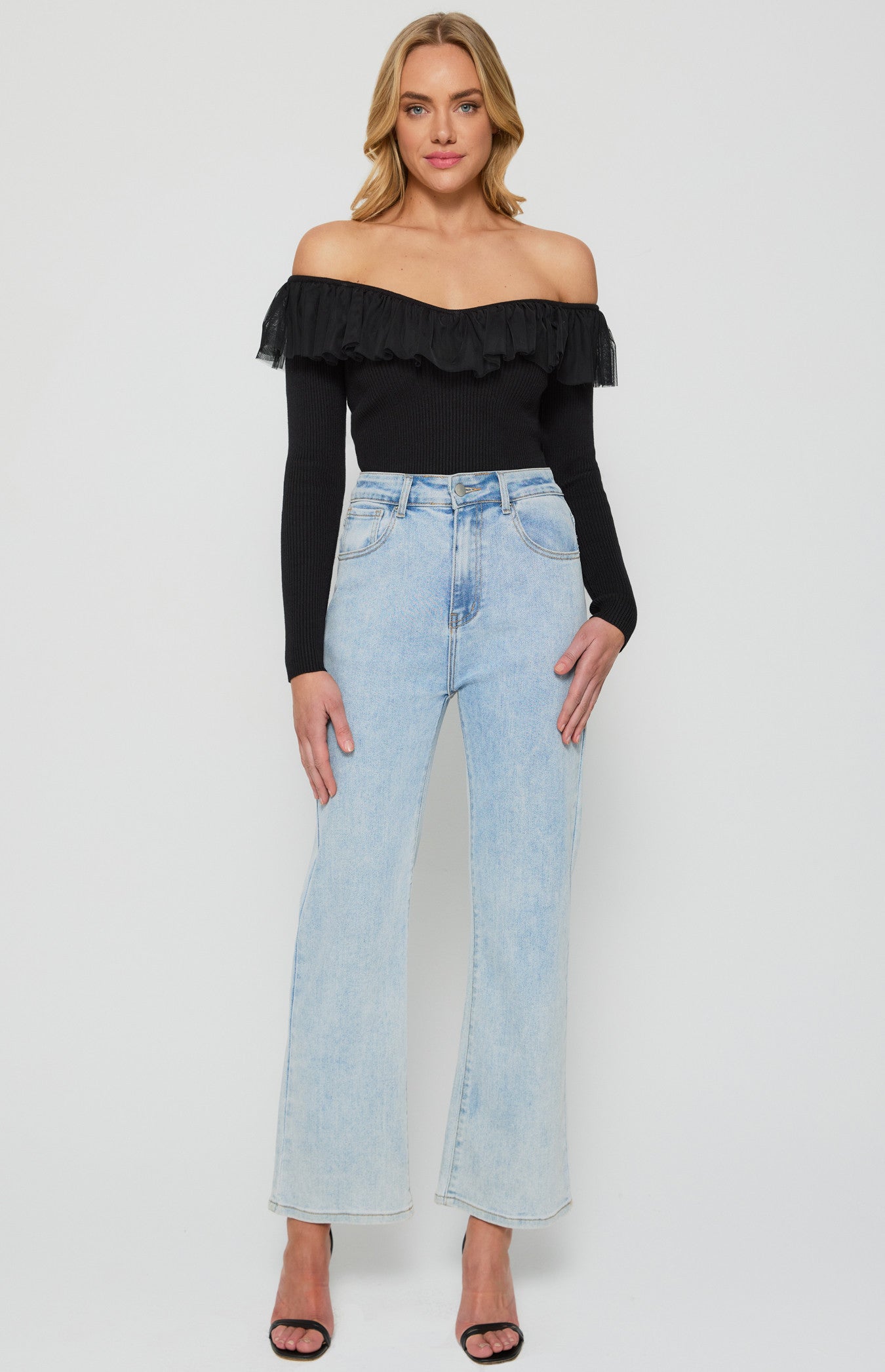 Contrast Mesh Frill Neckline Knit Top