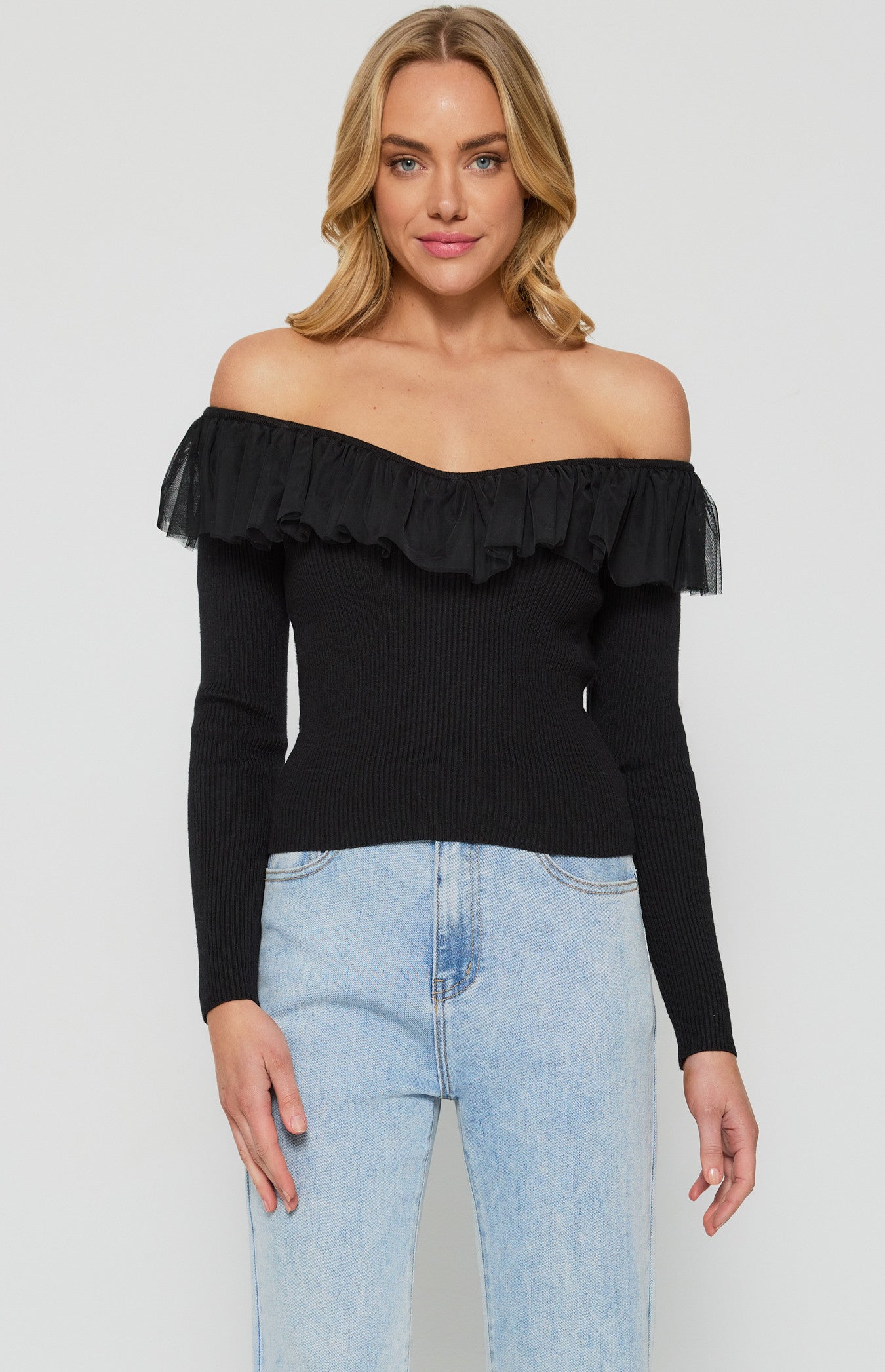 Contrast Mesh Frill Neckline Knit Top