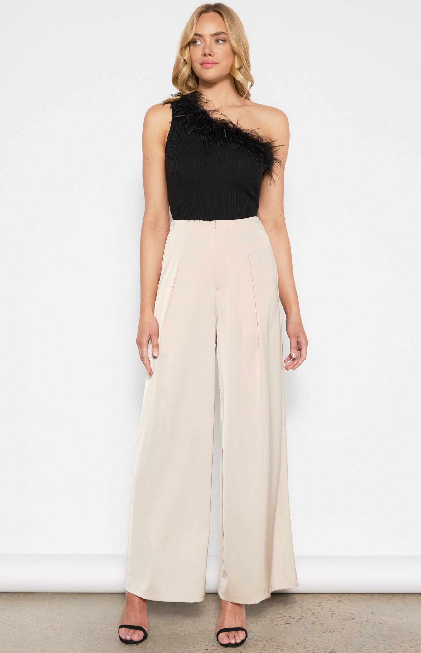 One Shoulder Feather Trim Neckline Knit Top