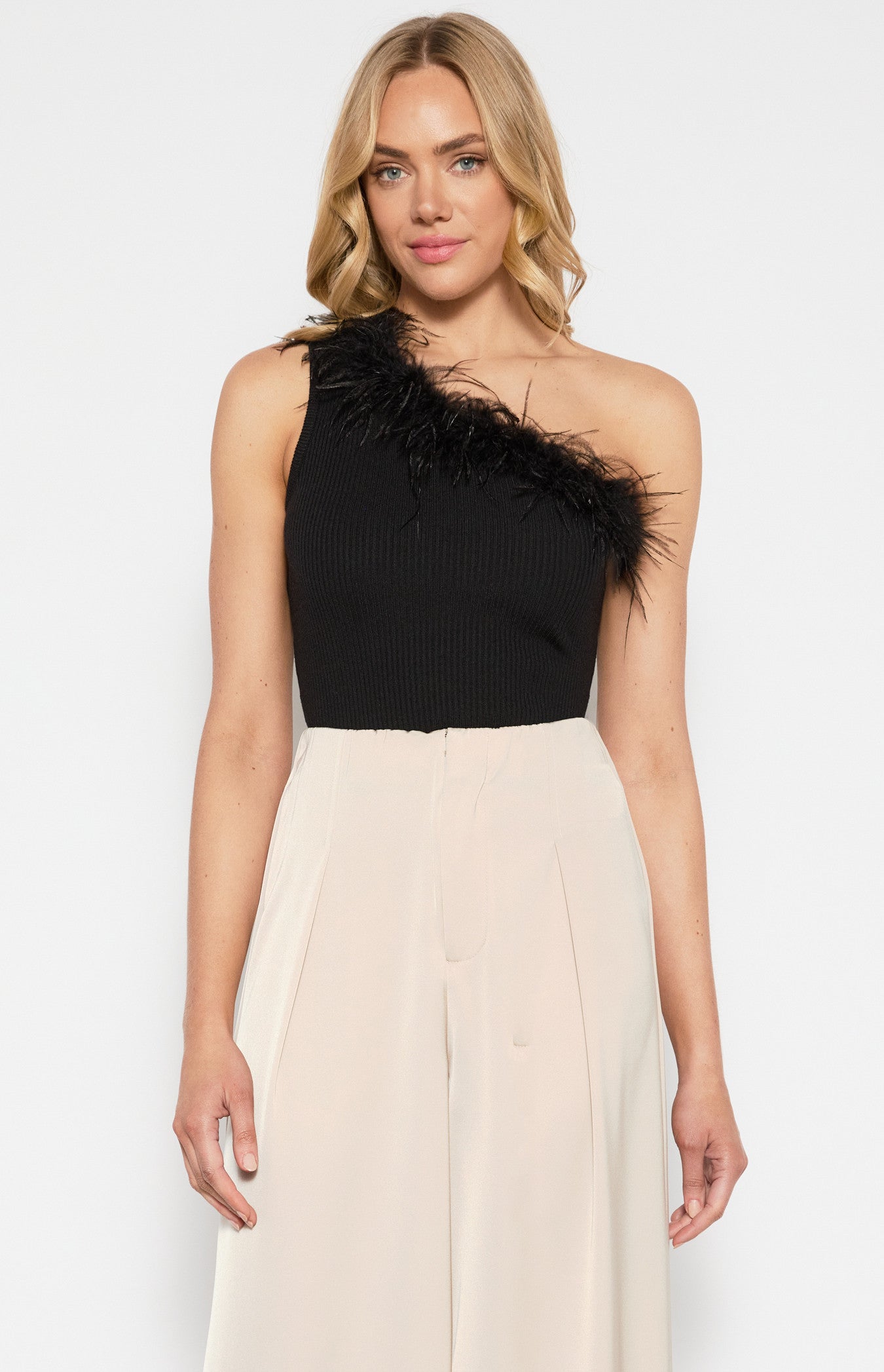 One Shoulder Feather Trim Neckline Knit Top