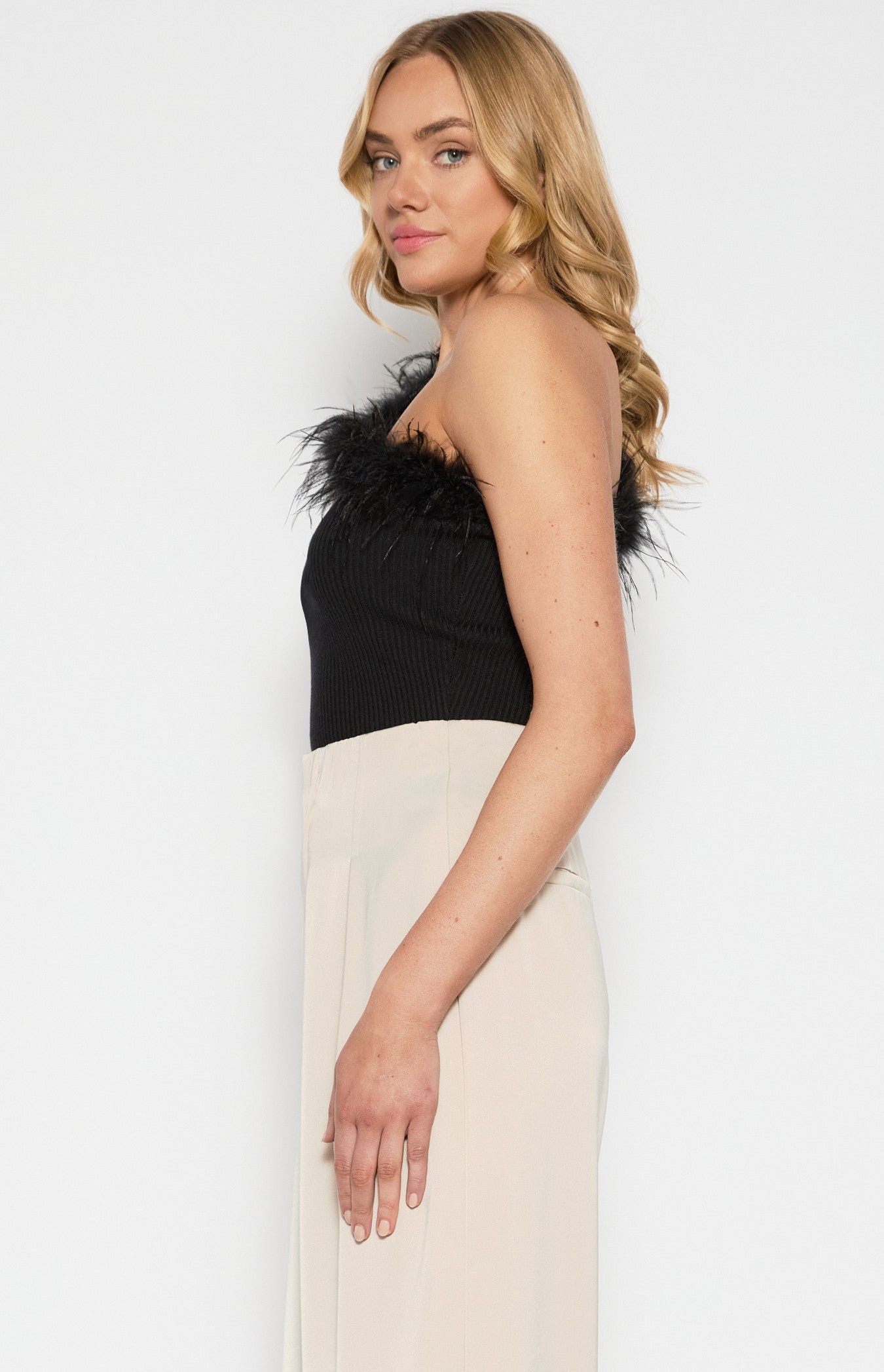 One Shoulder Feather Trim Neckline Knit Top