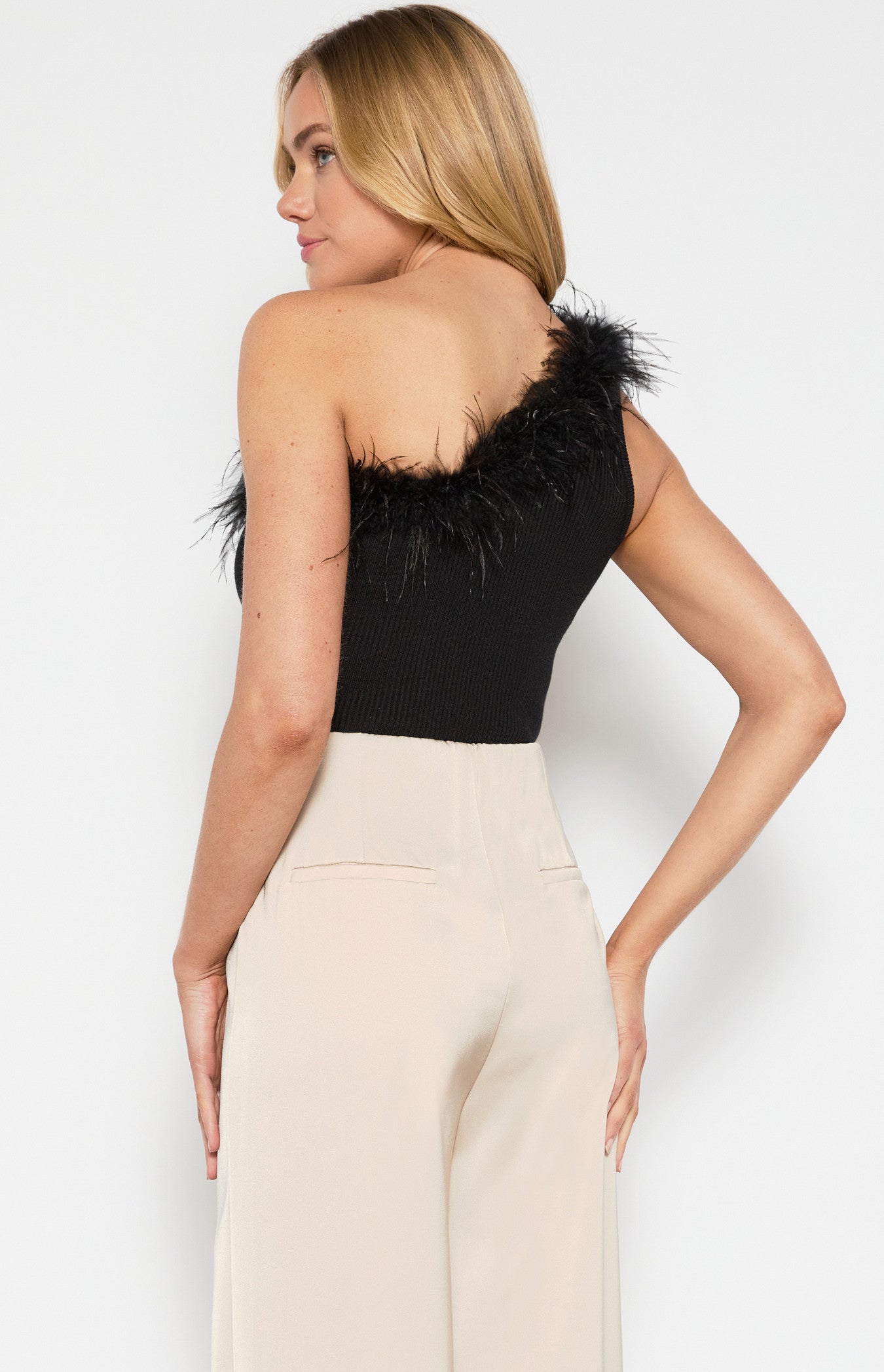 One Shoulder Feather Trim Neckline Knit Top