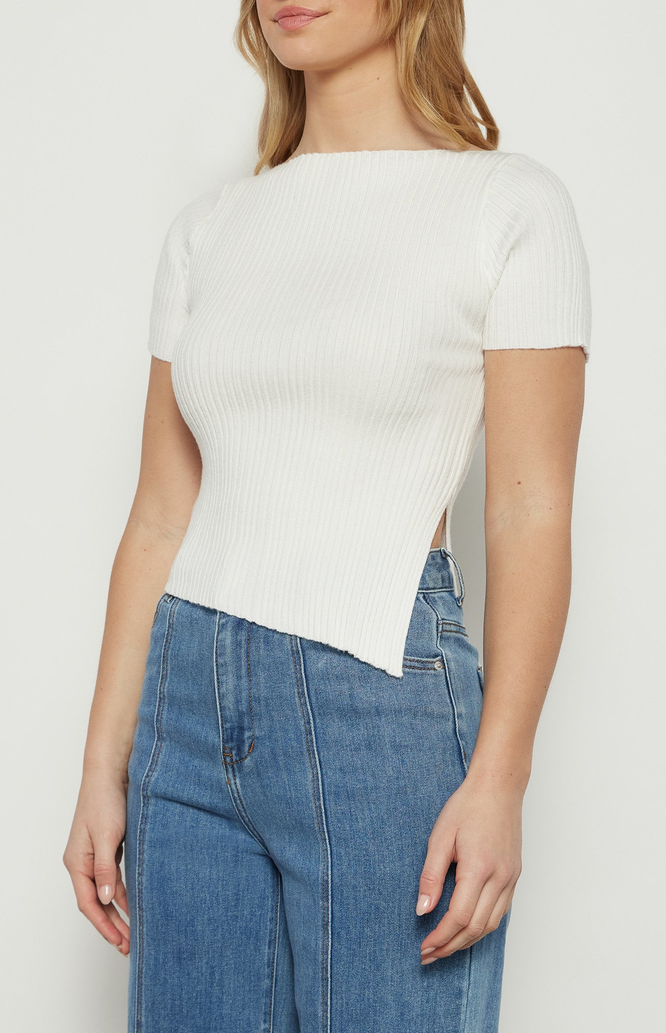 Asymmetric Hem Boat Neckline Knit Top