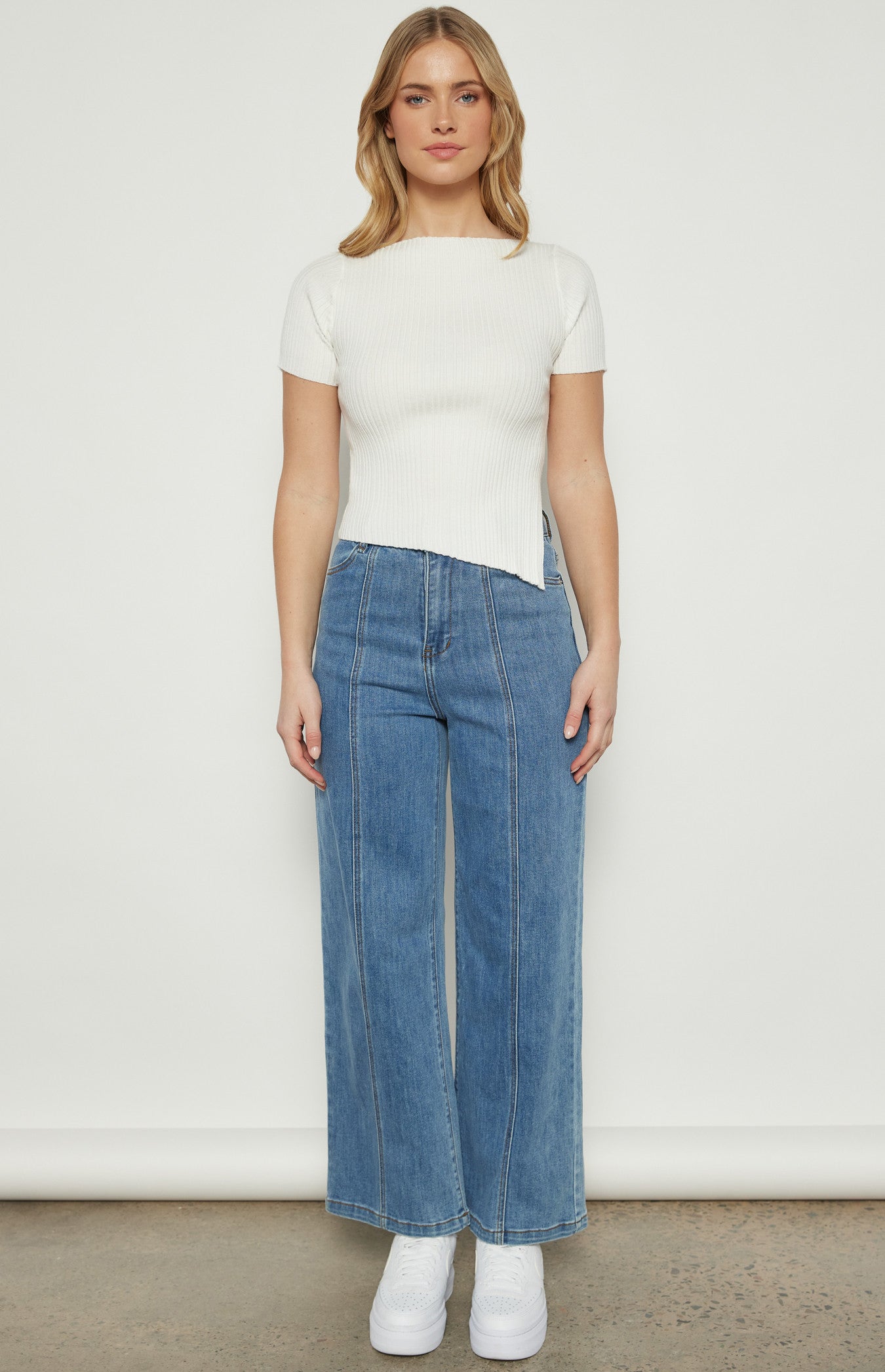 Asymmetric Hem Boat Neckline Knit Top