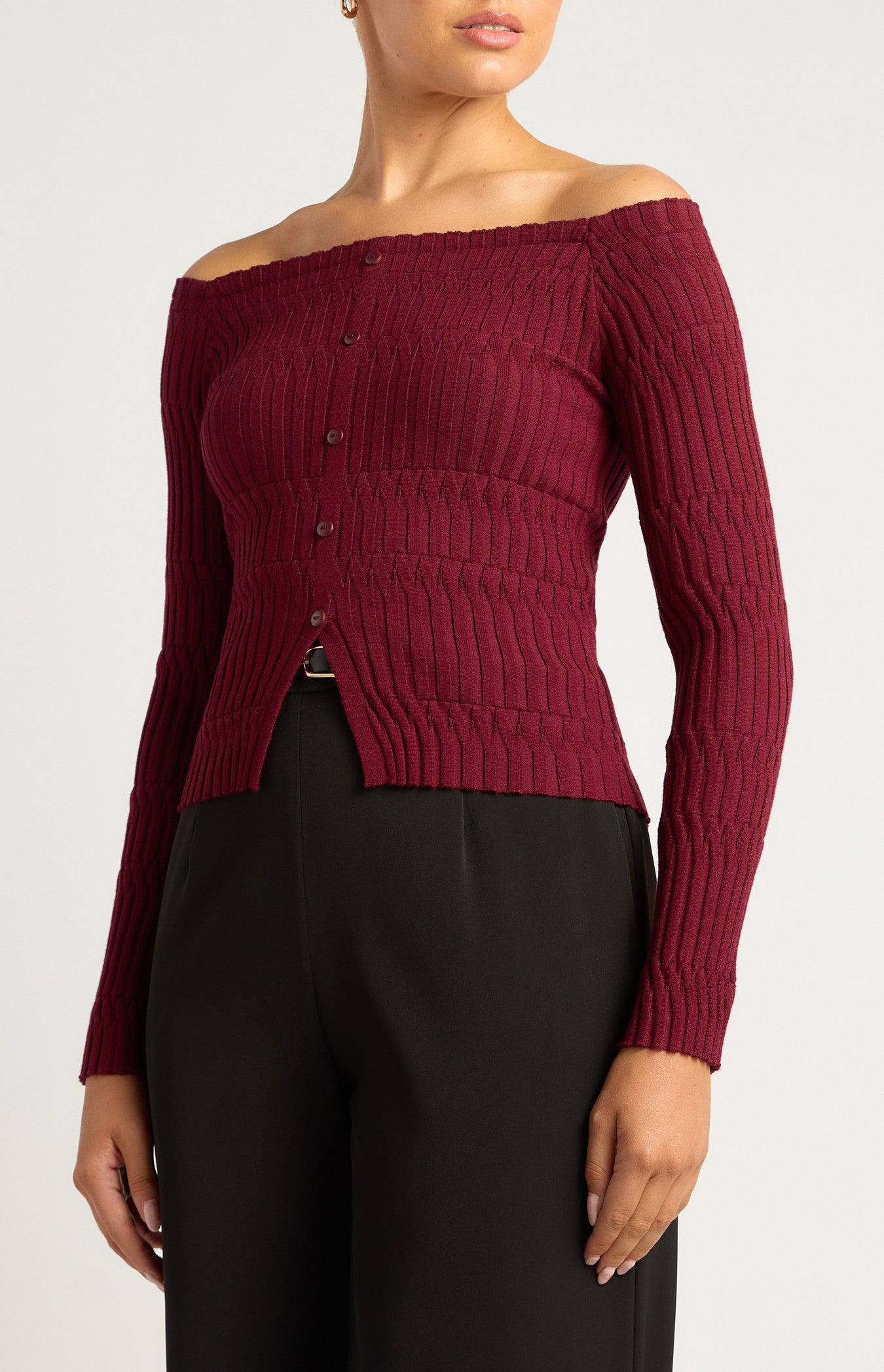 Off-Shoulder Patterned Knit Top with Front Button