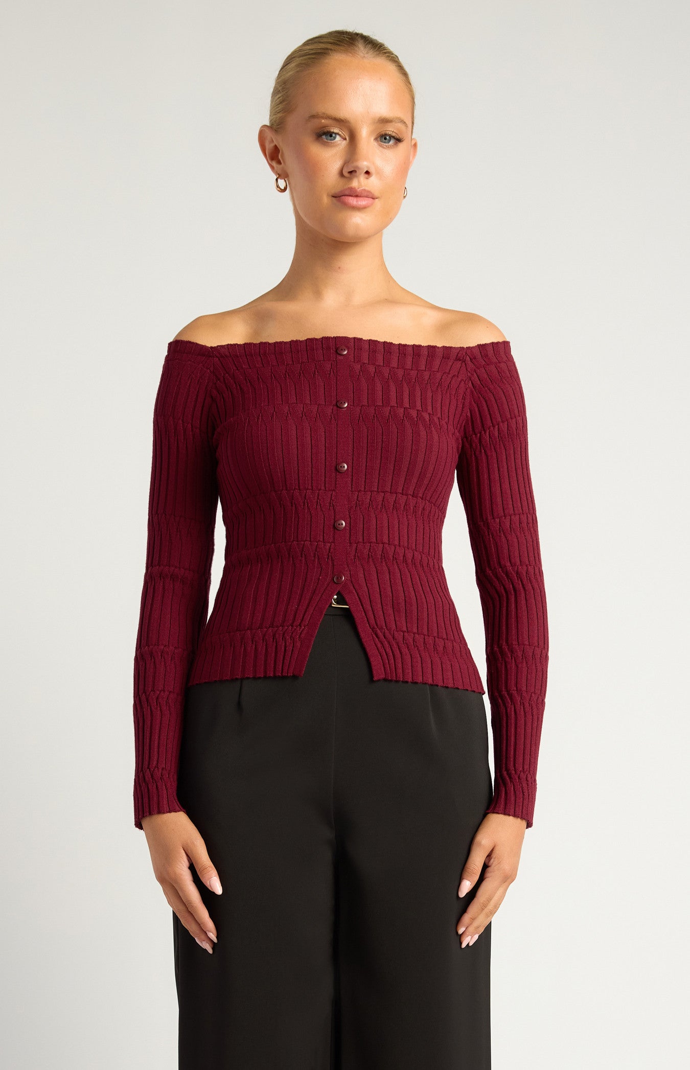 Off-Shoulder Patterned Knit Top with Front Button