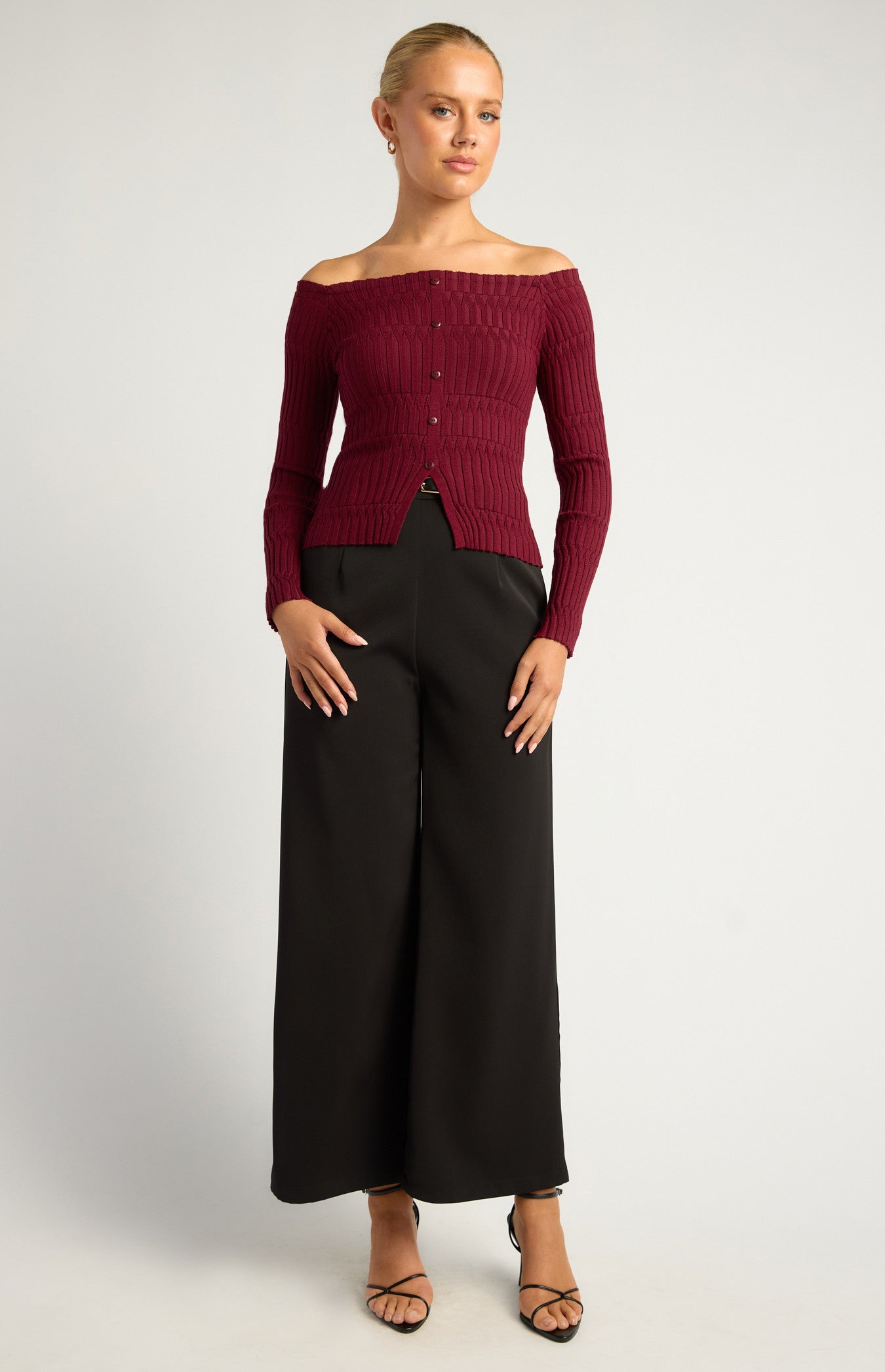 Off-Shoulder Patterned Knit Top with Front Button