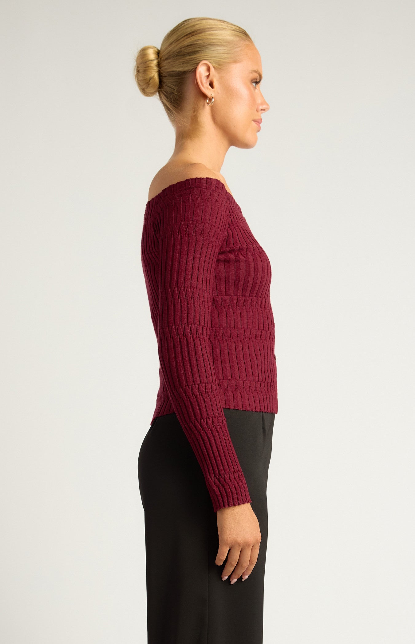 Off-Shoulder Patterned Knit Top with Front Button