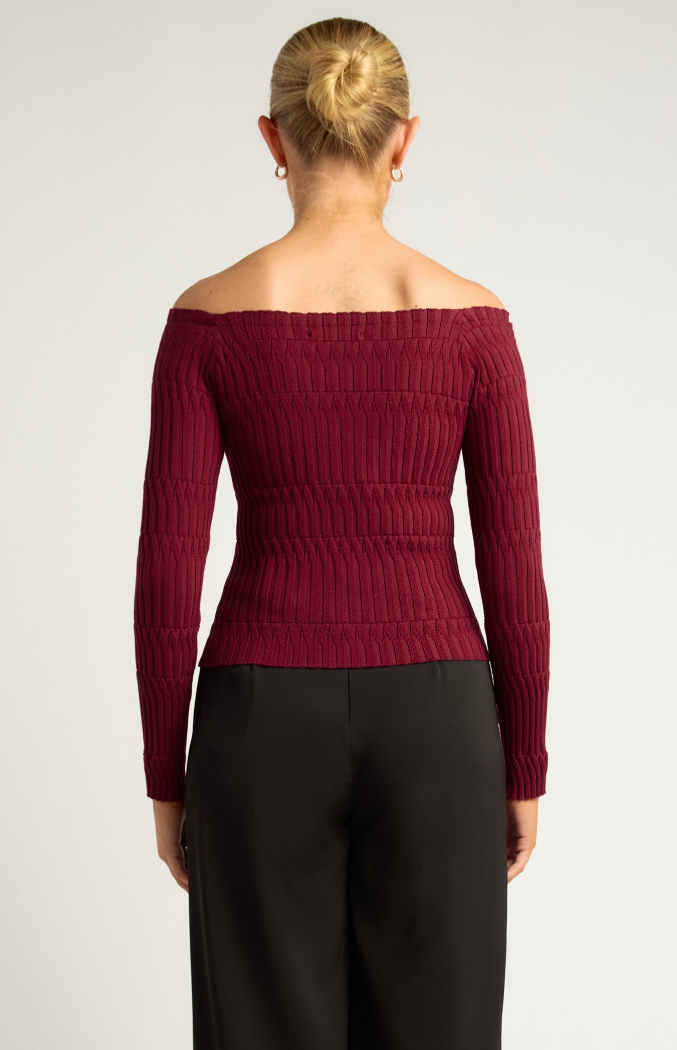 Off-Shoulder Patterned Knit Top with Front Button