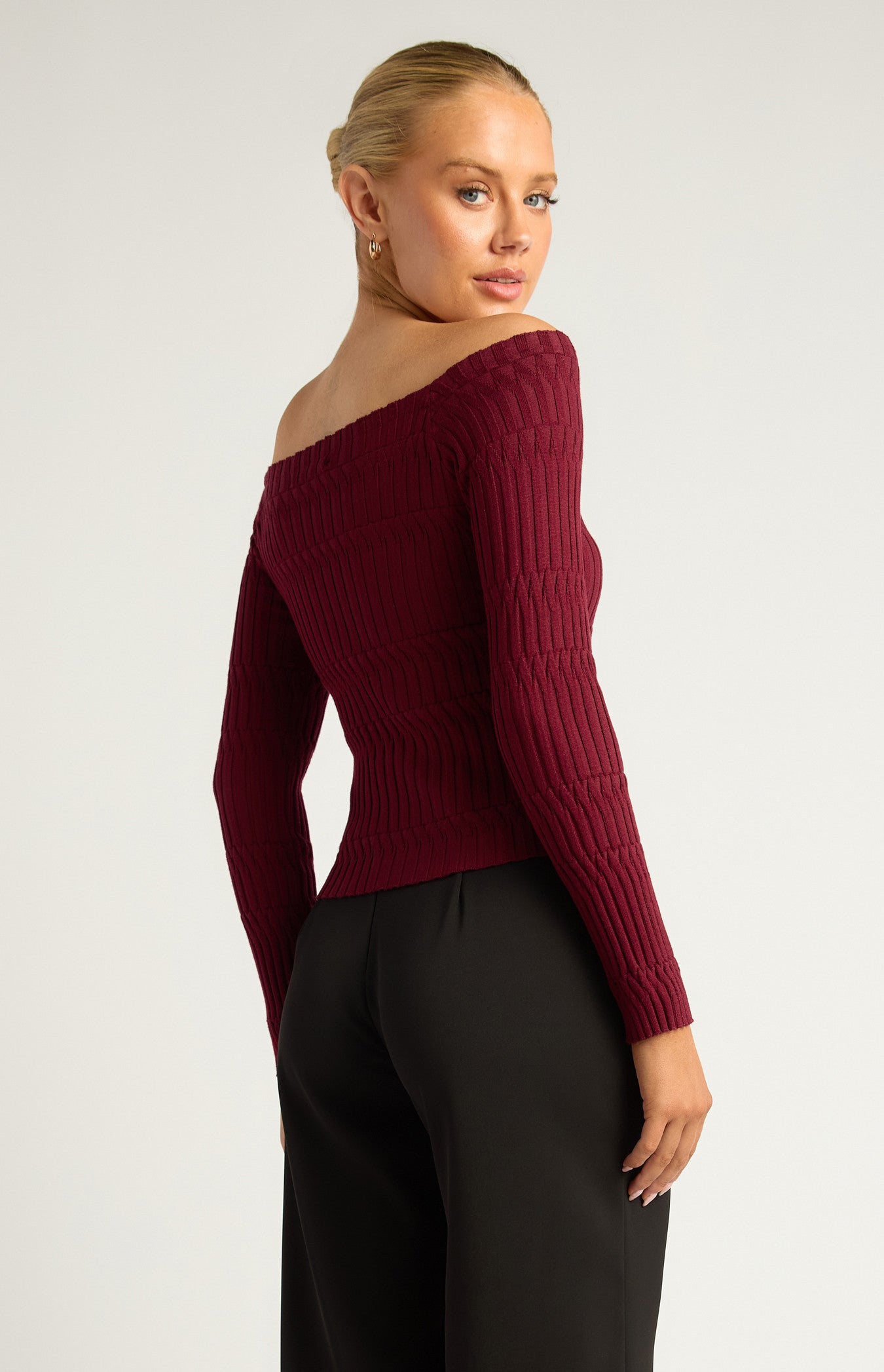 Off-Shoulder Patterned Knit Top with Front Button