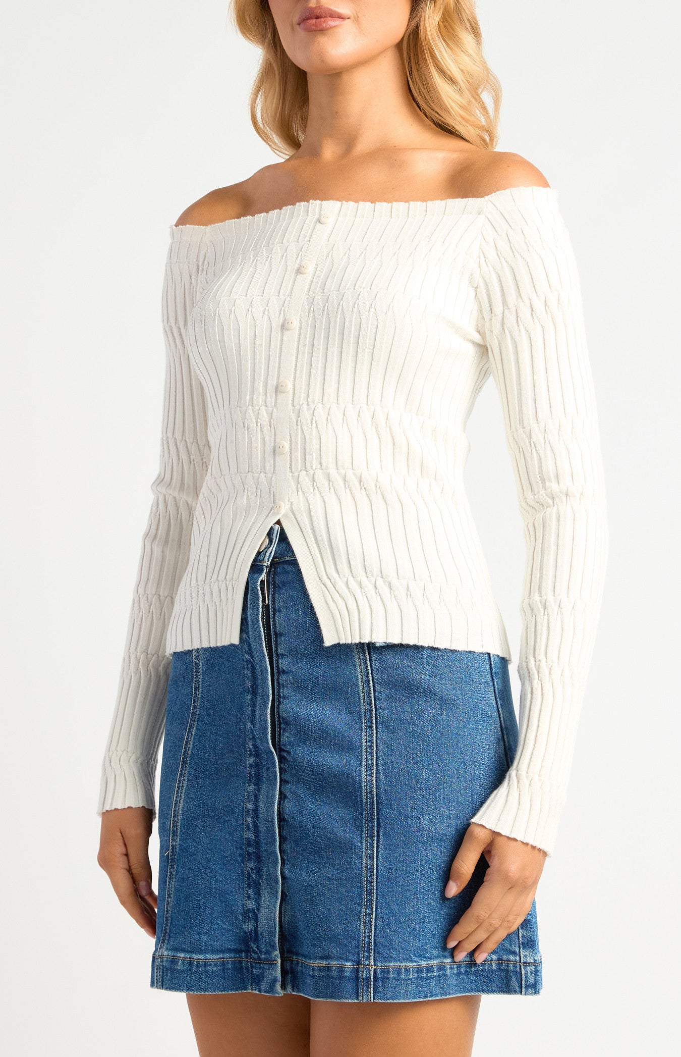 Off-Shoulder Patterned Knit Top with Front Button
