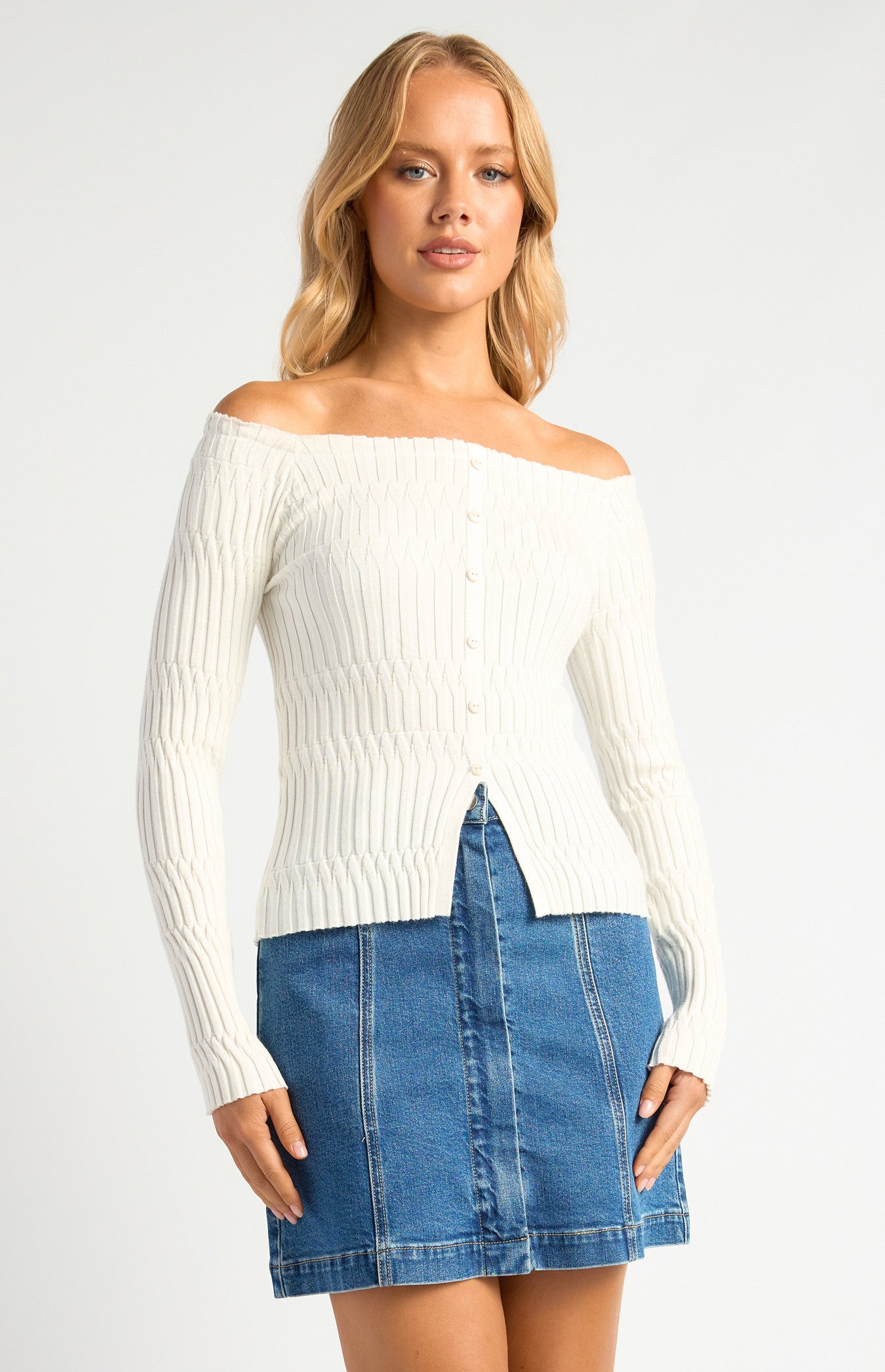 Off-Shoulder Patterned Knit Top with Front Button