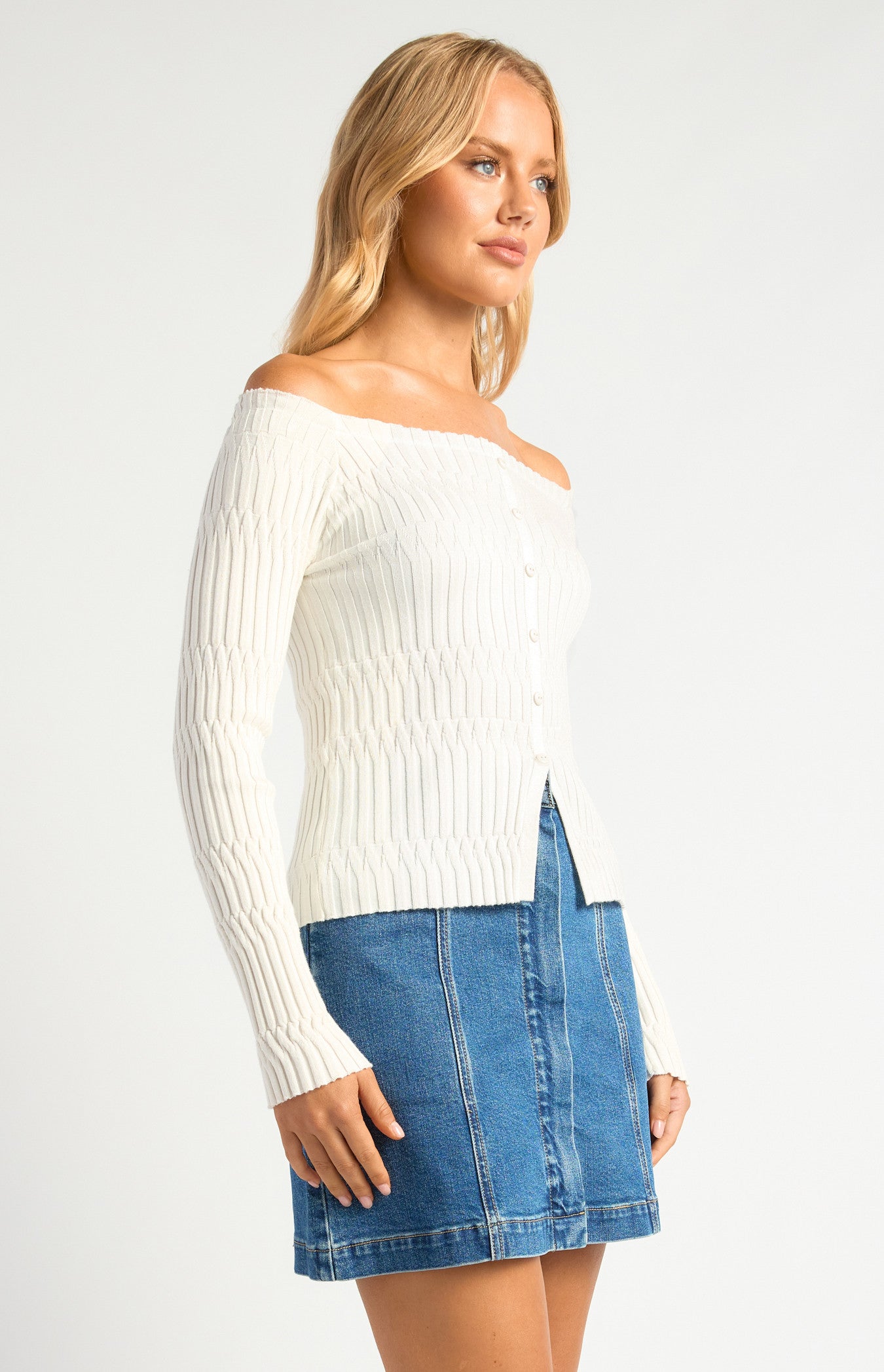 Off-Shoulder Patterned Knit Top with Front Button