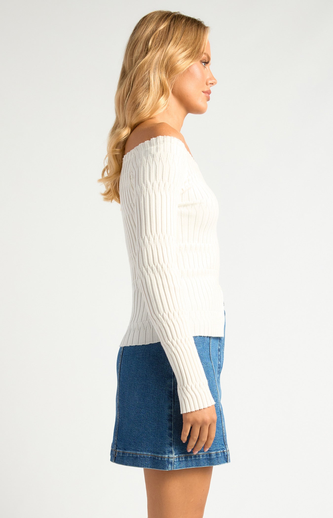 Off-Shoulder Patterned Knit Top with Front Button