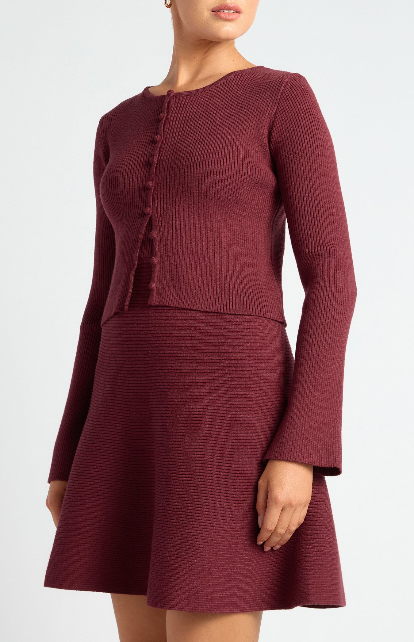 Knit Mini Dress and Cardigan Set with Self-Fabric Buttons