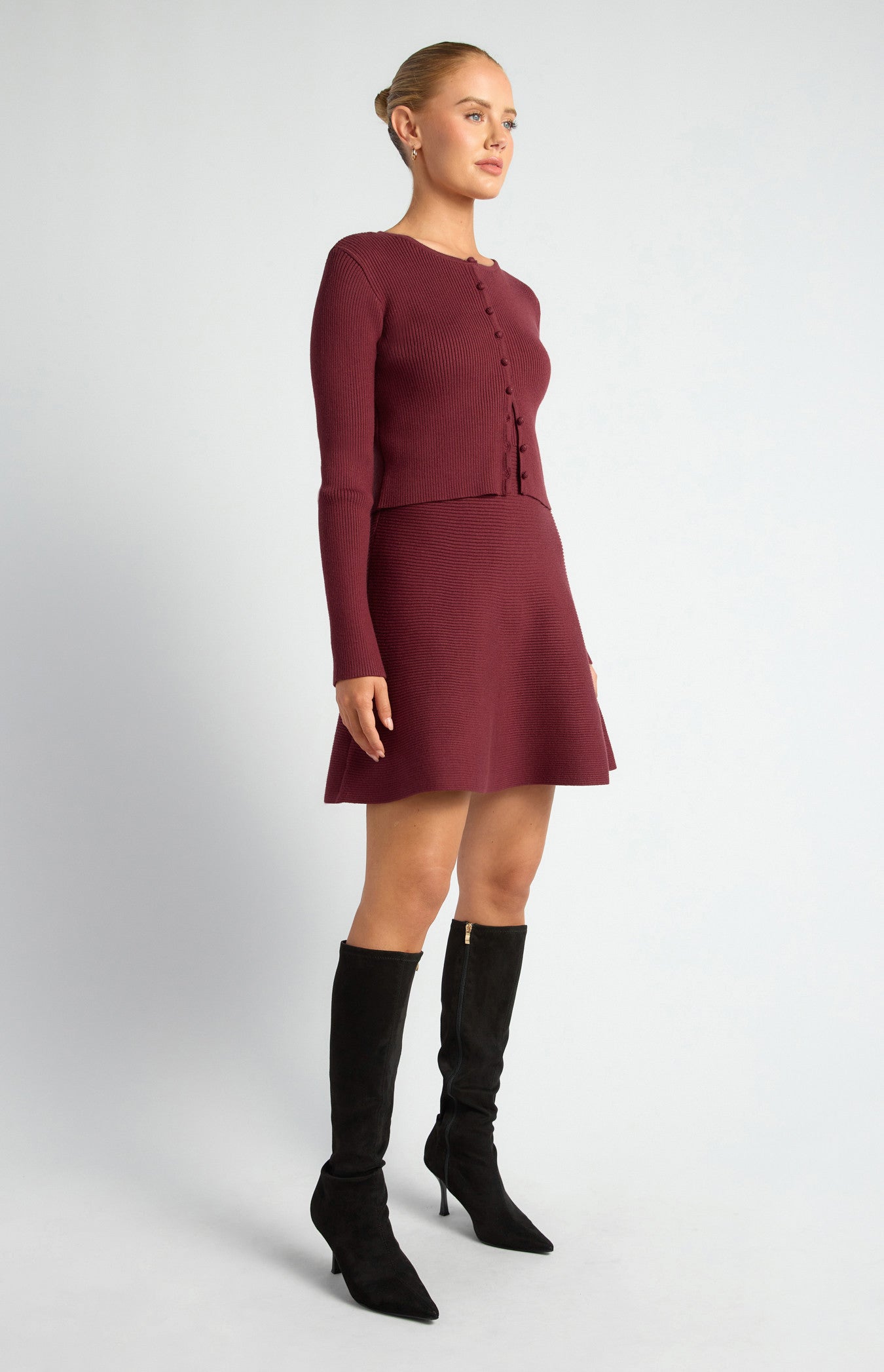 Knit Mini Dress and Cardigan Set with Self-Fabric Buttons