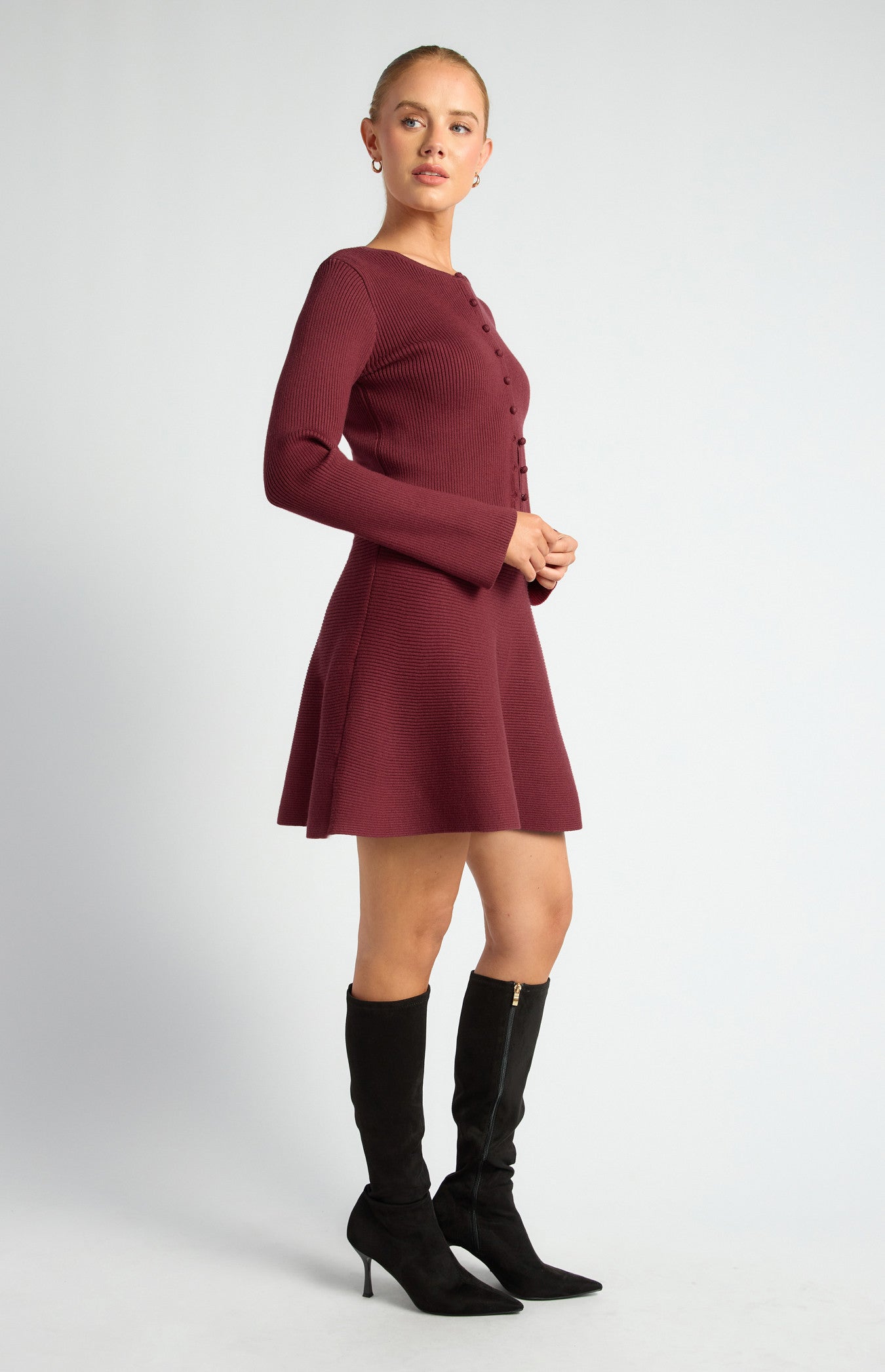 Knit Mini Dress and Cardigan Set with Self-Fabric Buttons