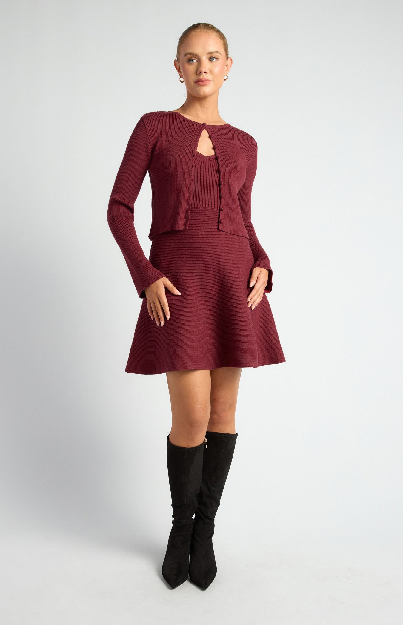 Knit Mini Dress and Cardigan Set with Self-Fabric Buttons