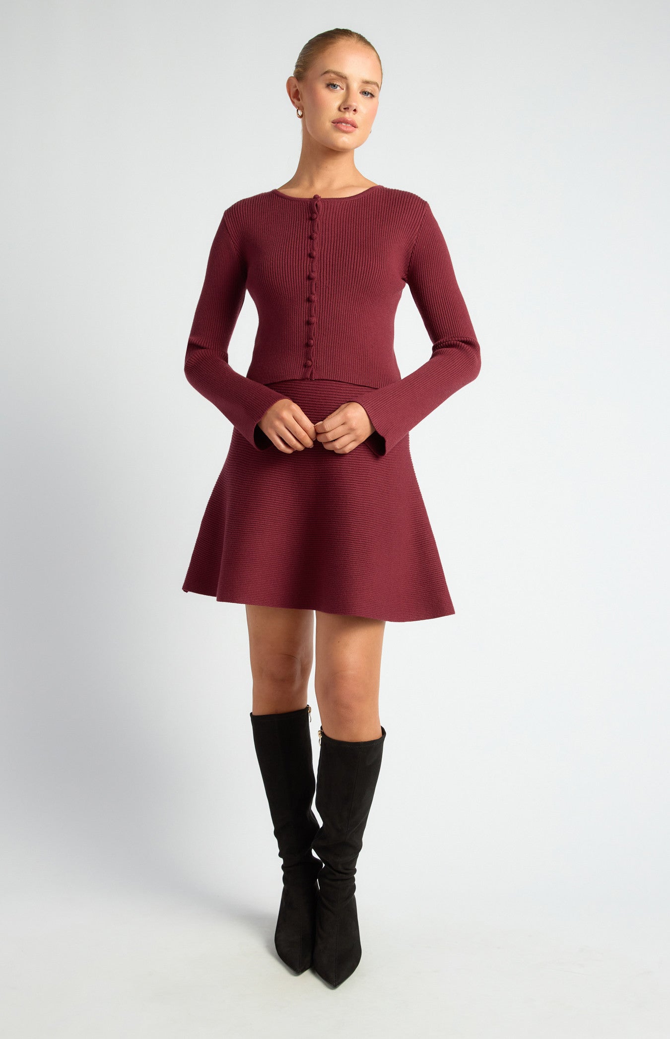 Knit Mini Dress and Cardigan Set with Self-Fabric Buttons