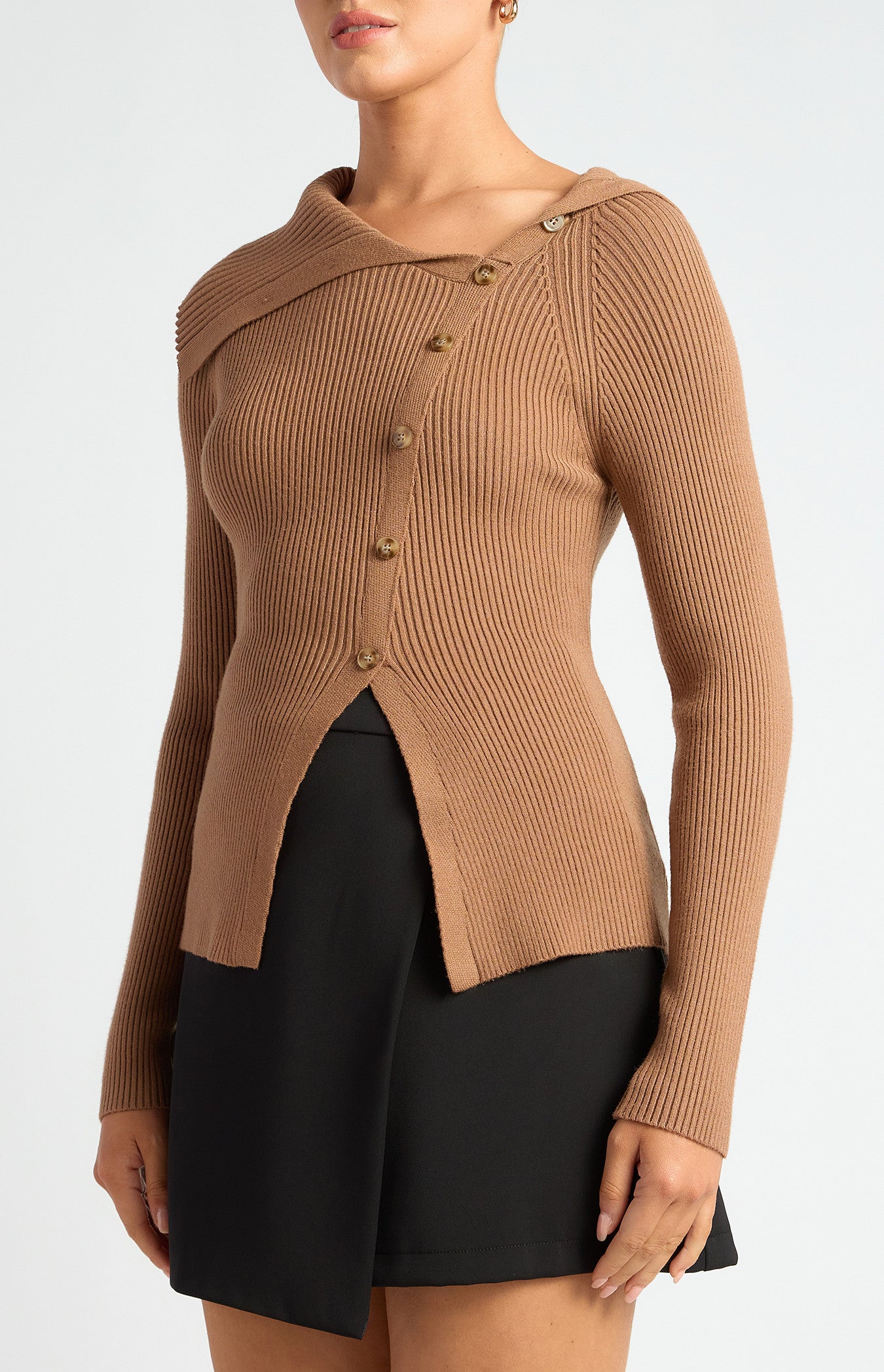 Draped Neckline Asymmetrical Button Knit Top