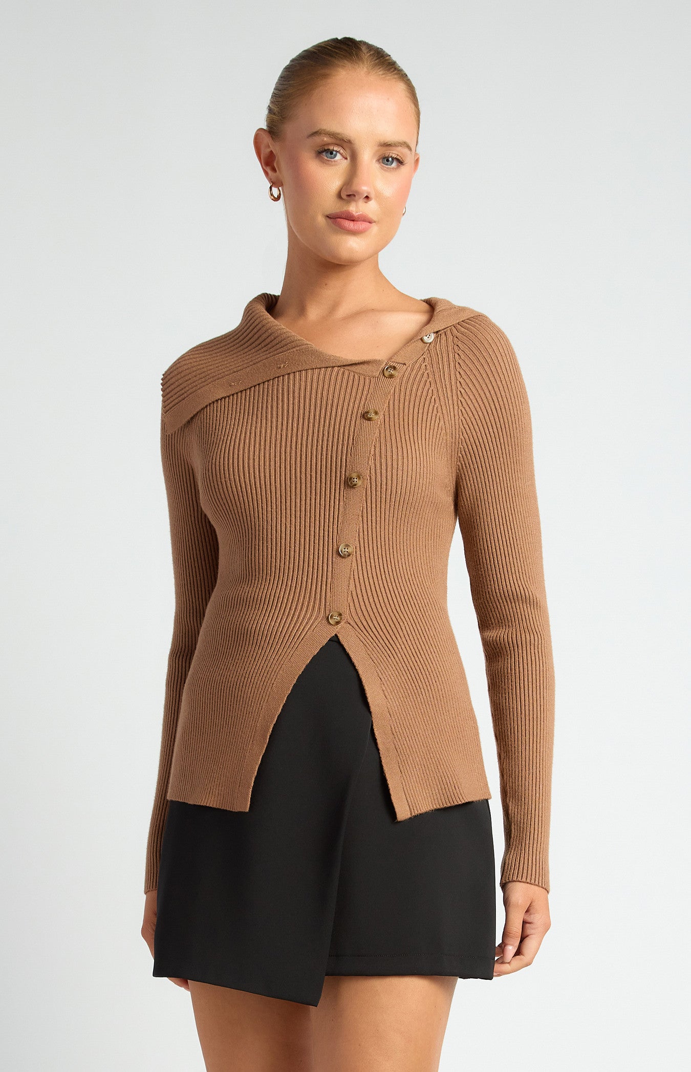 Draped Neckline Asymmetrical Button Knit Top