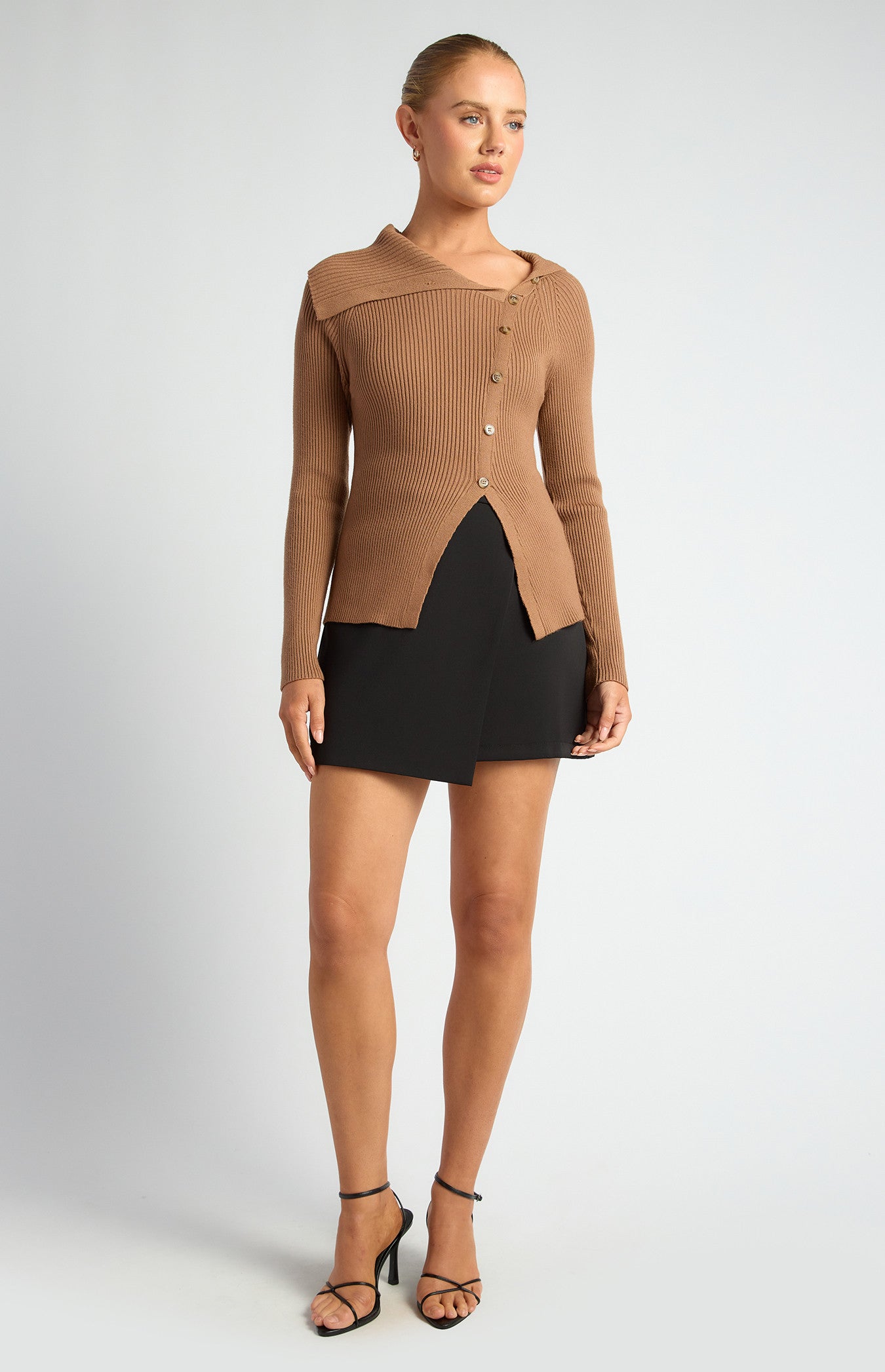 Draped Neckline Asymmetrical Button Knit Top