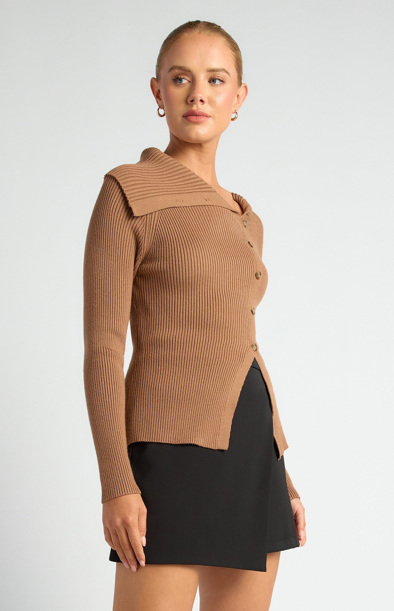 Draped Neckline Asymmetrical Button Knit Top