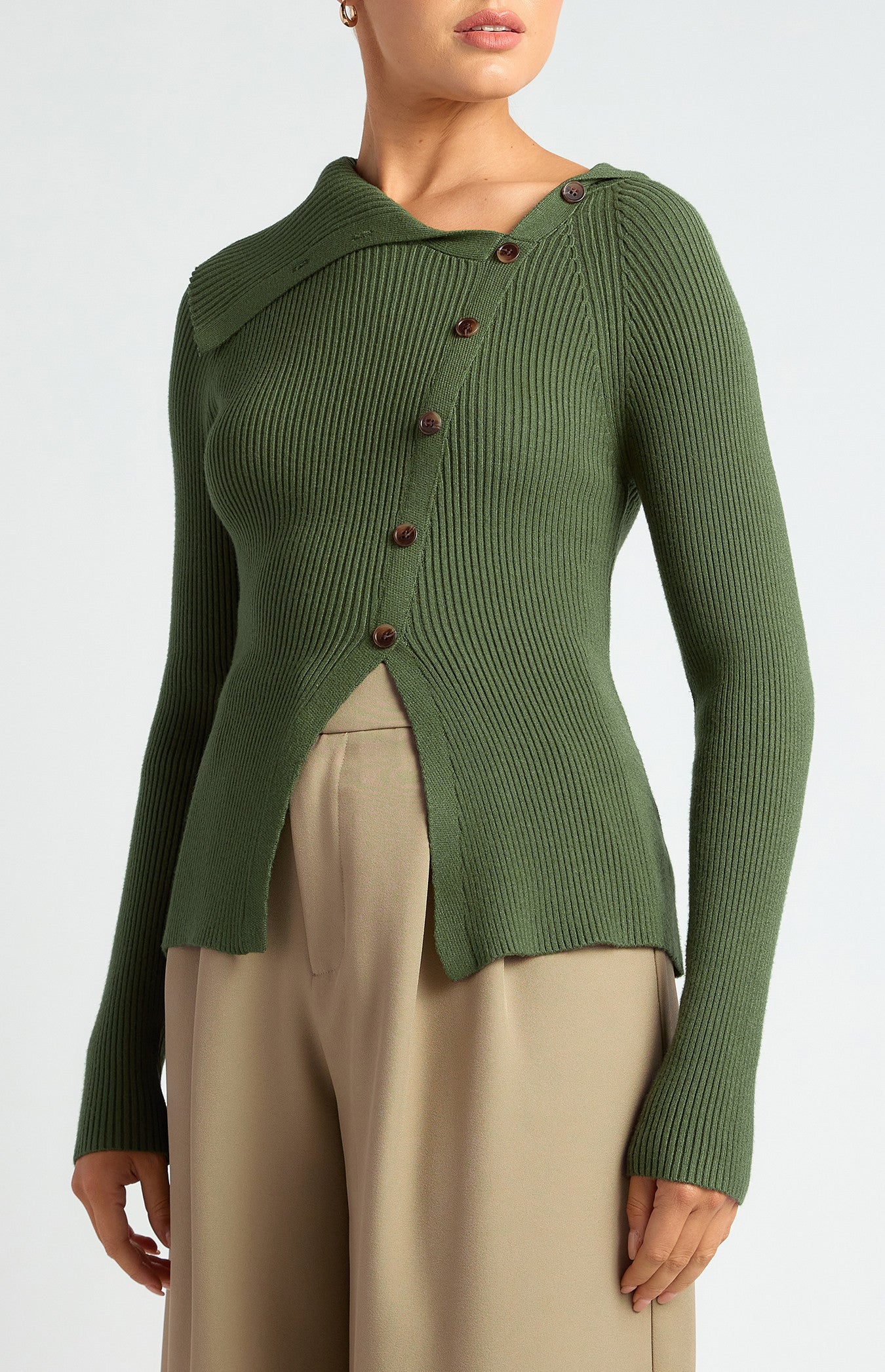 Draped Neckline Asymmetrical Button Knit Top