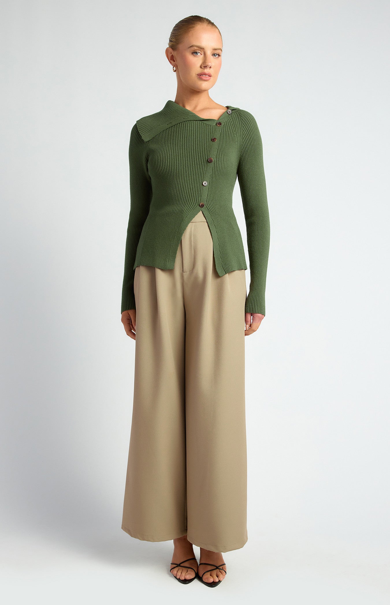 Draped Neckline Asymmetrical Button Knit Top