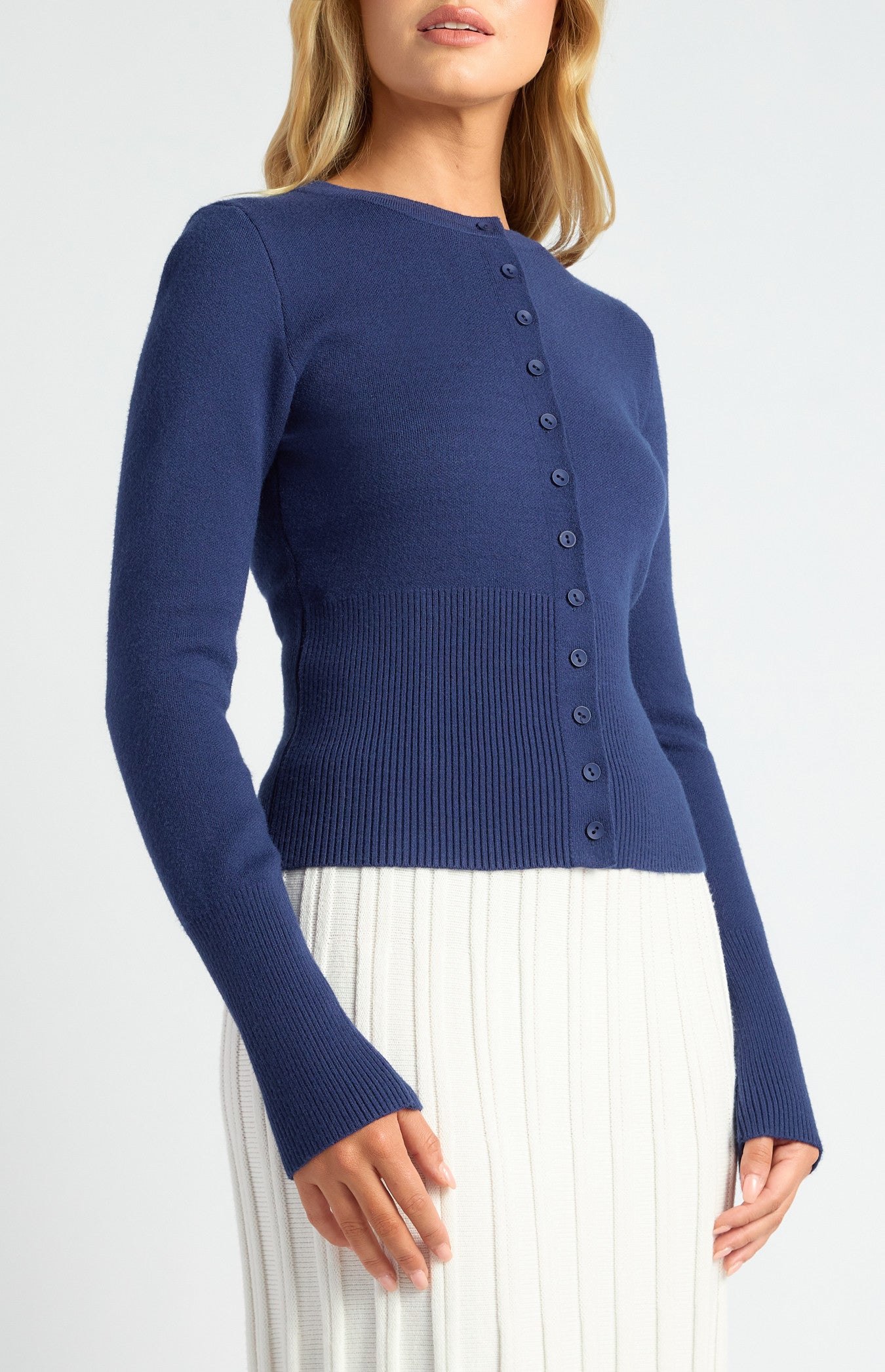 Cinch Waist Ribbed Detail Button-Up Cardigan