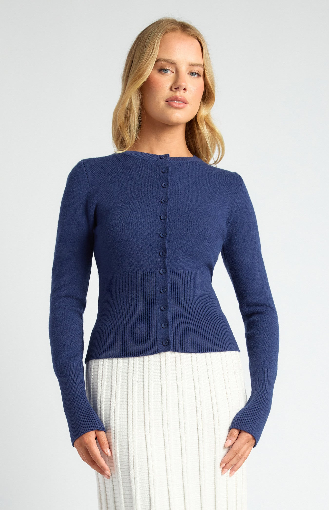 Cinch Waist Ribbed Detail Button-Up Cardigan