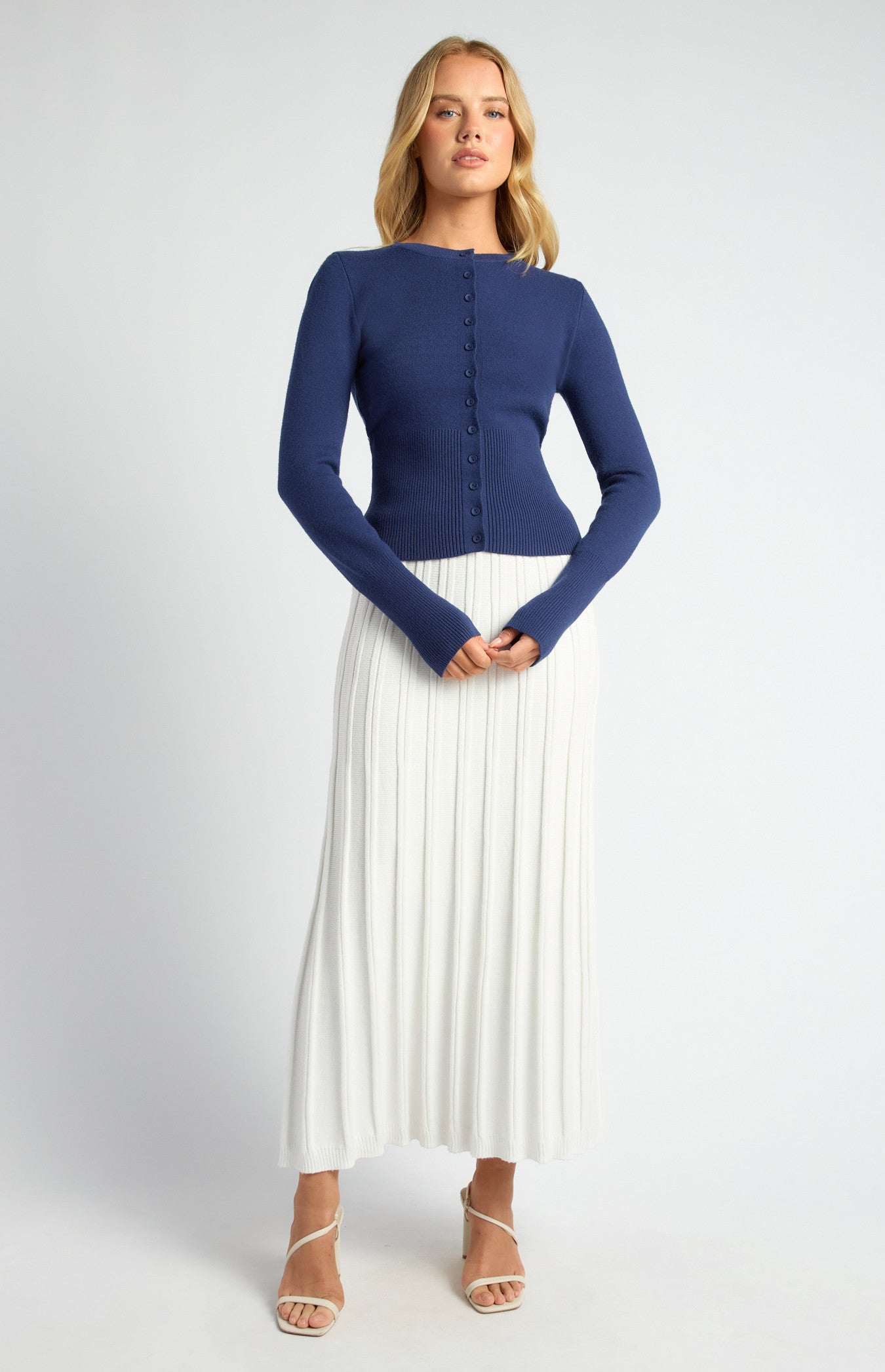 Cinch Waist Ribbed Detail Button-Up Cardigan