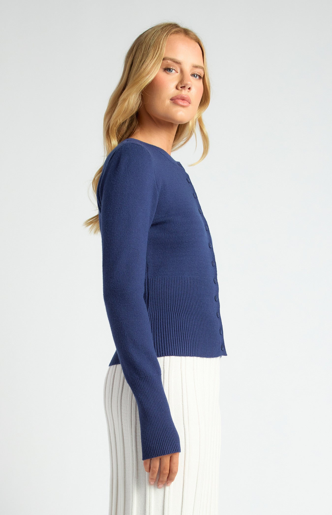 Cinch Waist Ribbed Detail Button-Up Cardigan