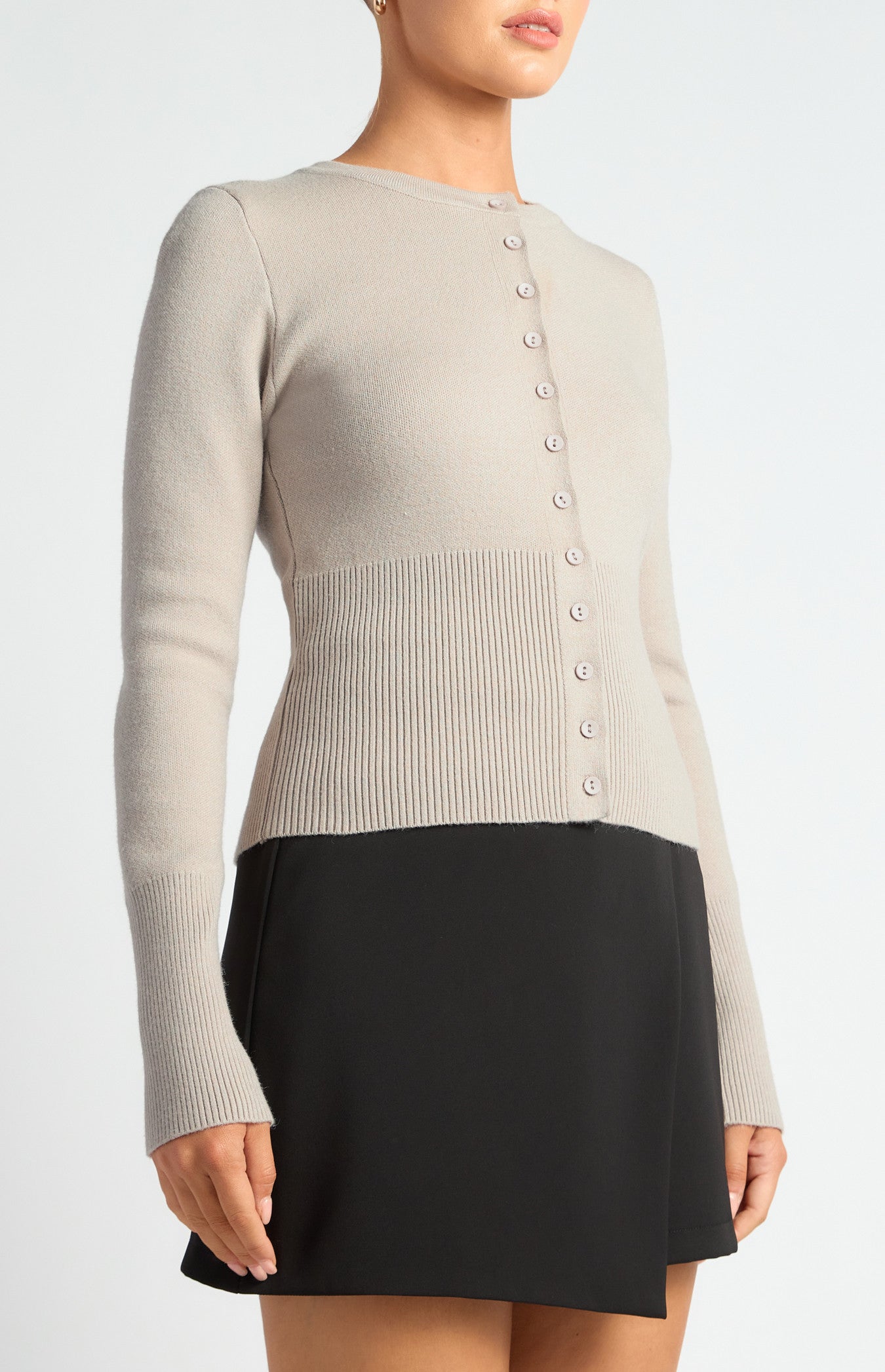 Cinch Waist Ribbed Detail Button-Up Cardigan
