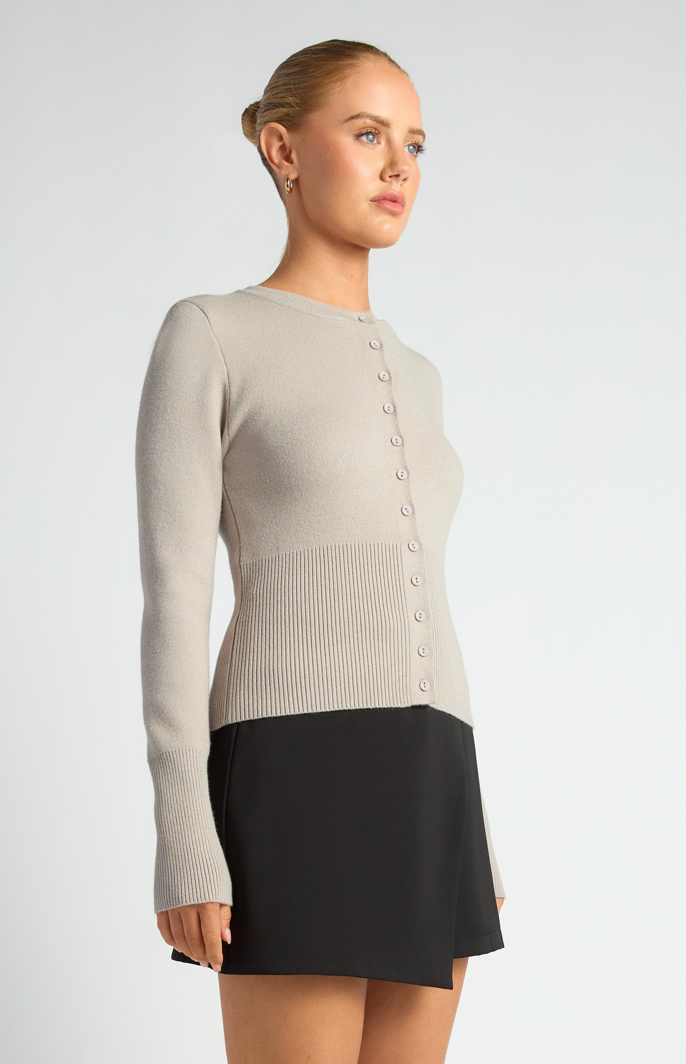 Cinch Waist Ribbed Detail Button-Up Cardigan