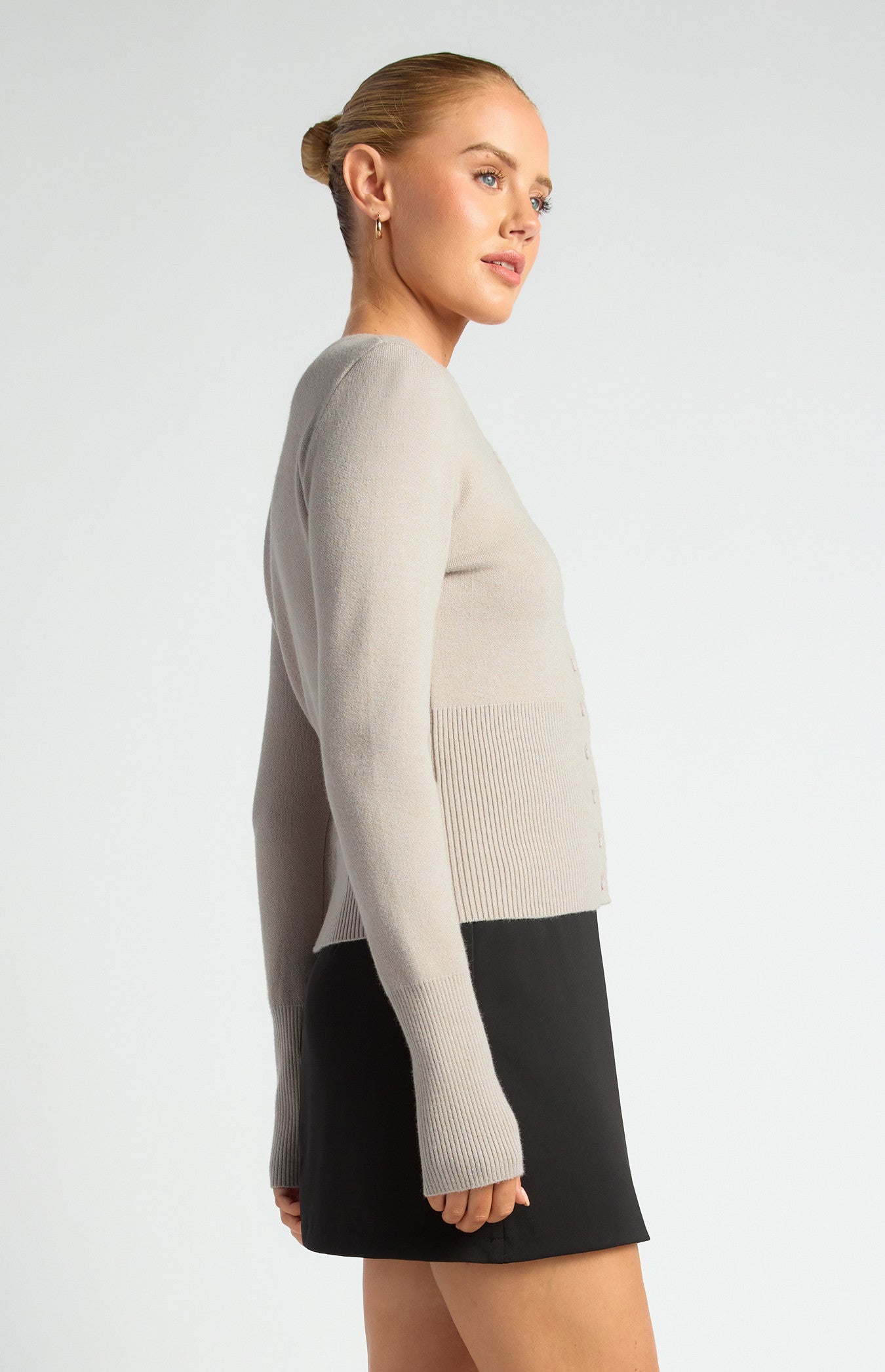 Cinch Waist Ribbed Detail Button-Up Cardigan