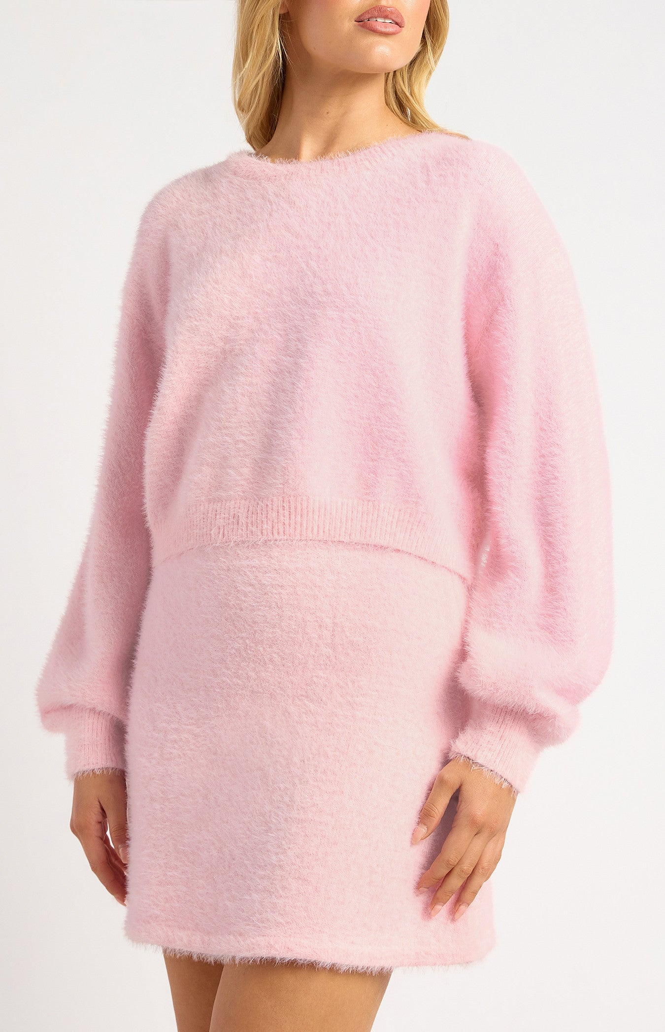 Fluffy Knit Set with Jumper and Mini Skirt