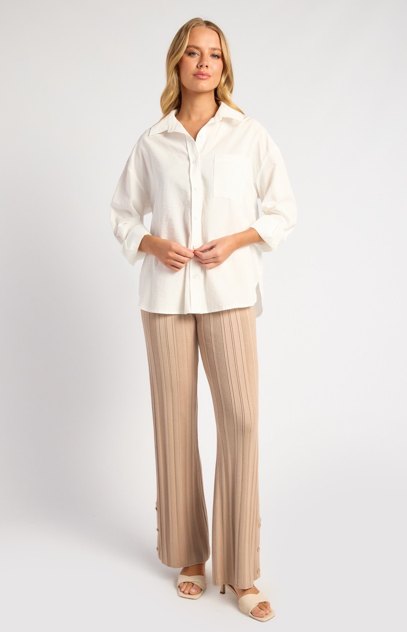 Wide Rib Gold Button Detail Knit Pants